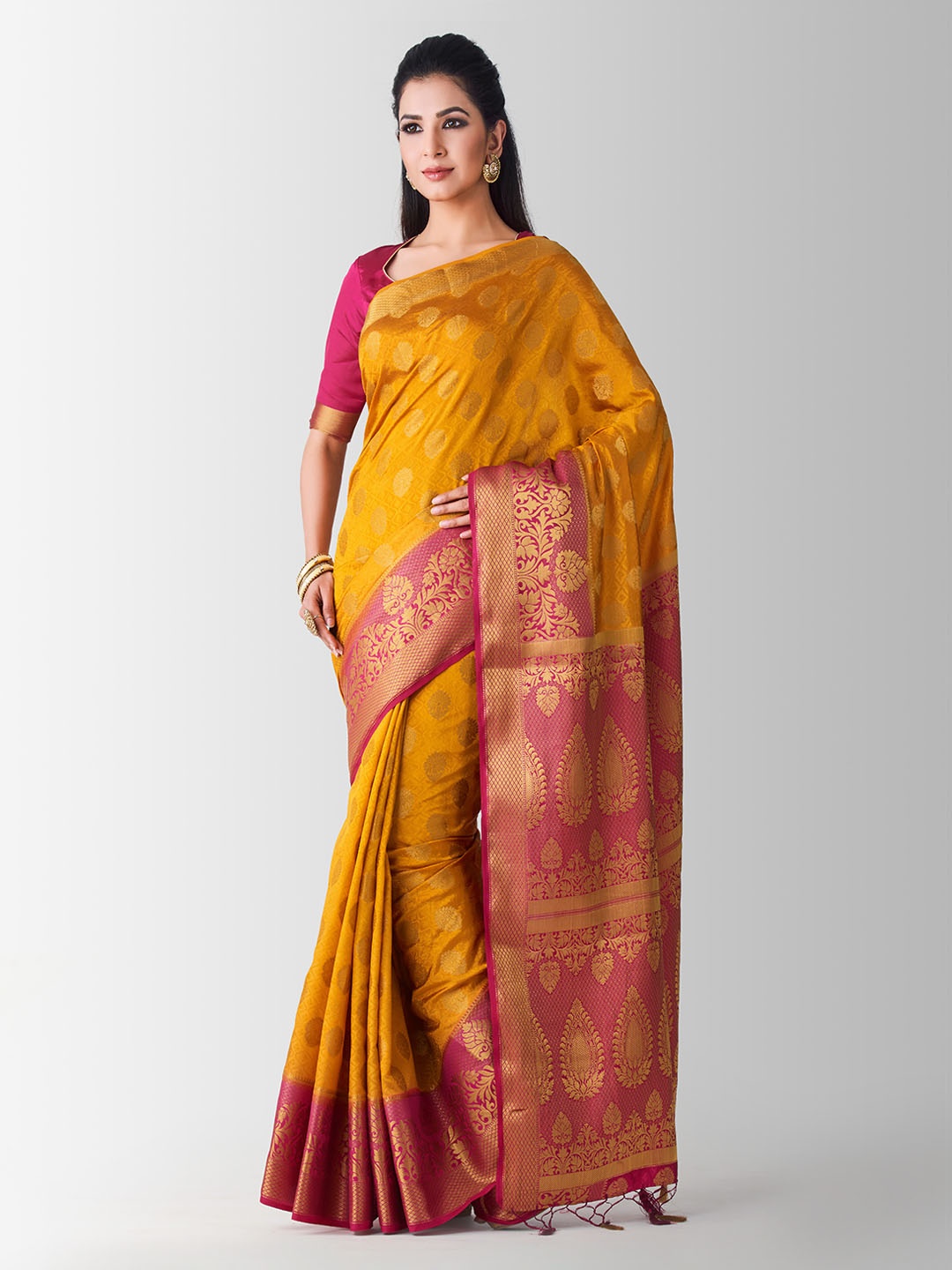 

MIMOSA Mustard Yellow & Pink Art Silk Woven Design Kanjeevaram Saree