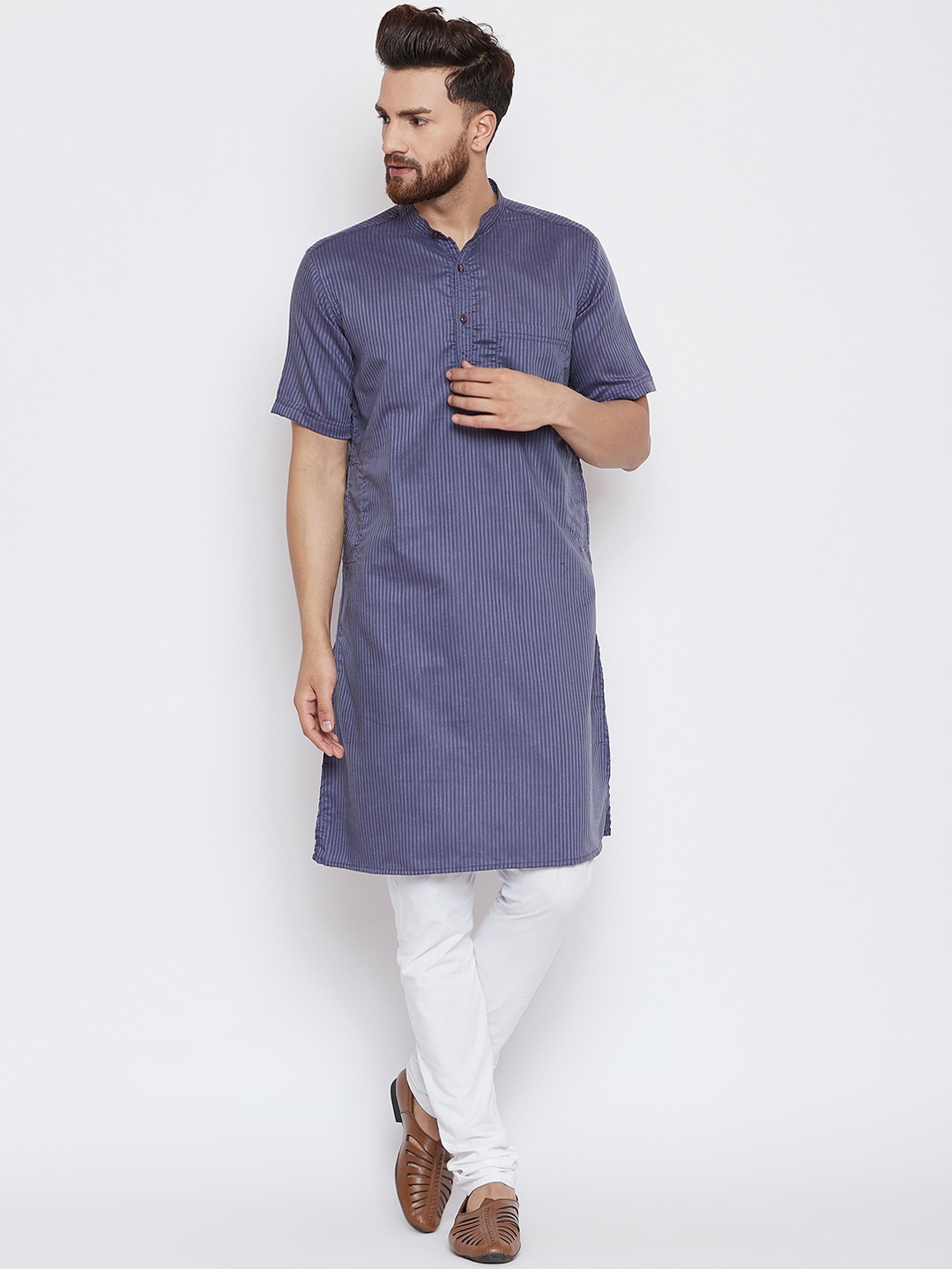 

even Men Grey Striped Kurta with Churidar