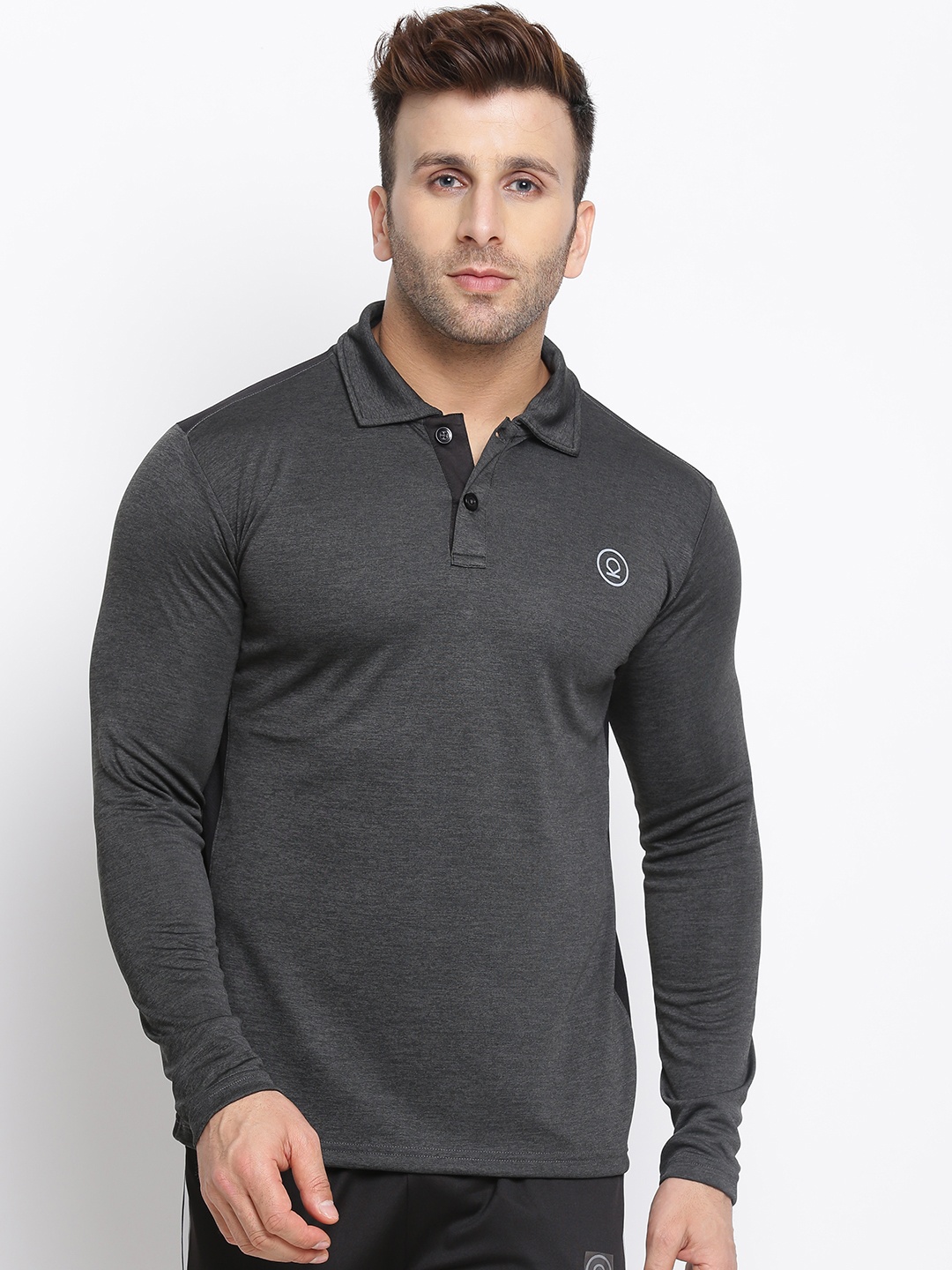 

CHKOKKO Men Grey Solid Polo Collar Dry Fit Streachable Training T-shirt