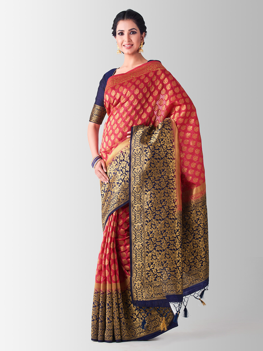 

MIMOSA Red & Blue Art Silk Woven Design Kanjeevaram Saree