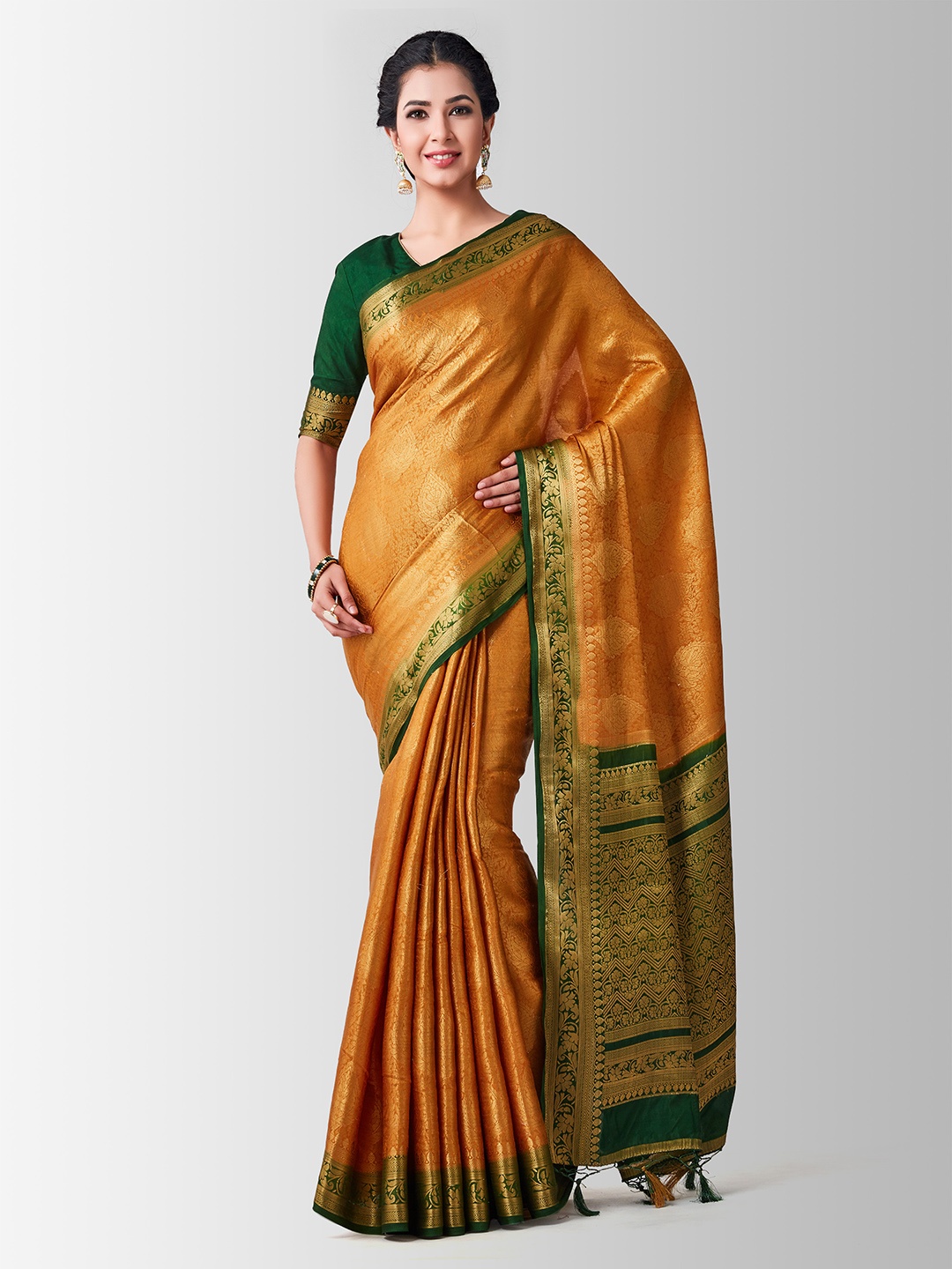 

MIMOSA Gold-Coloured Art Silk Woven Design Kanjeevaram Saree