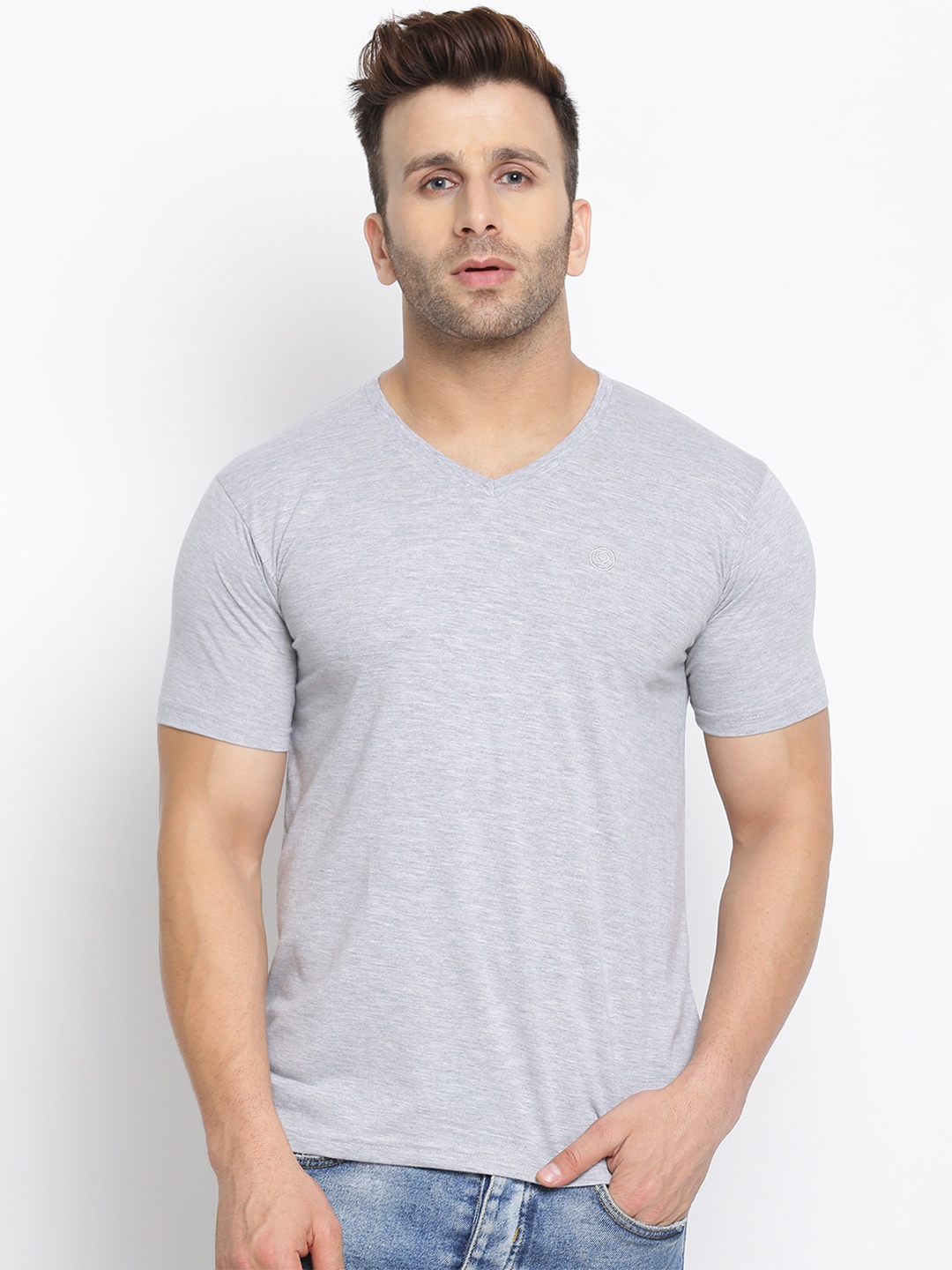 Chkokko Men Grey Solid V-Neck T-shirt