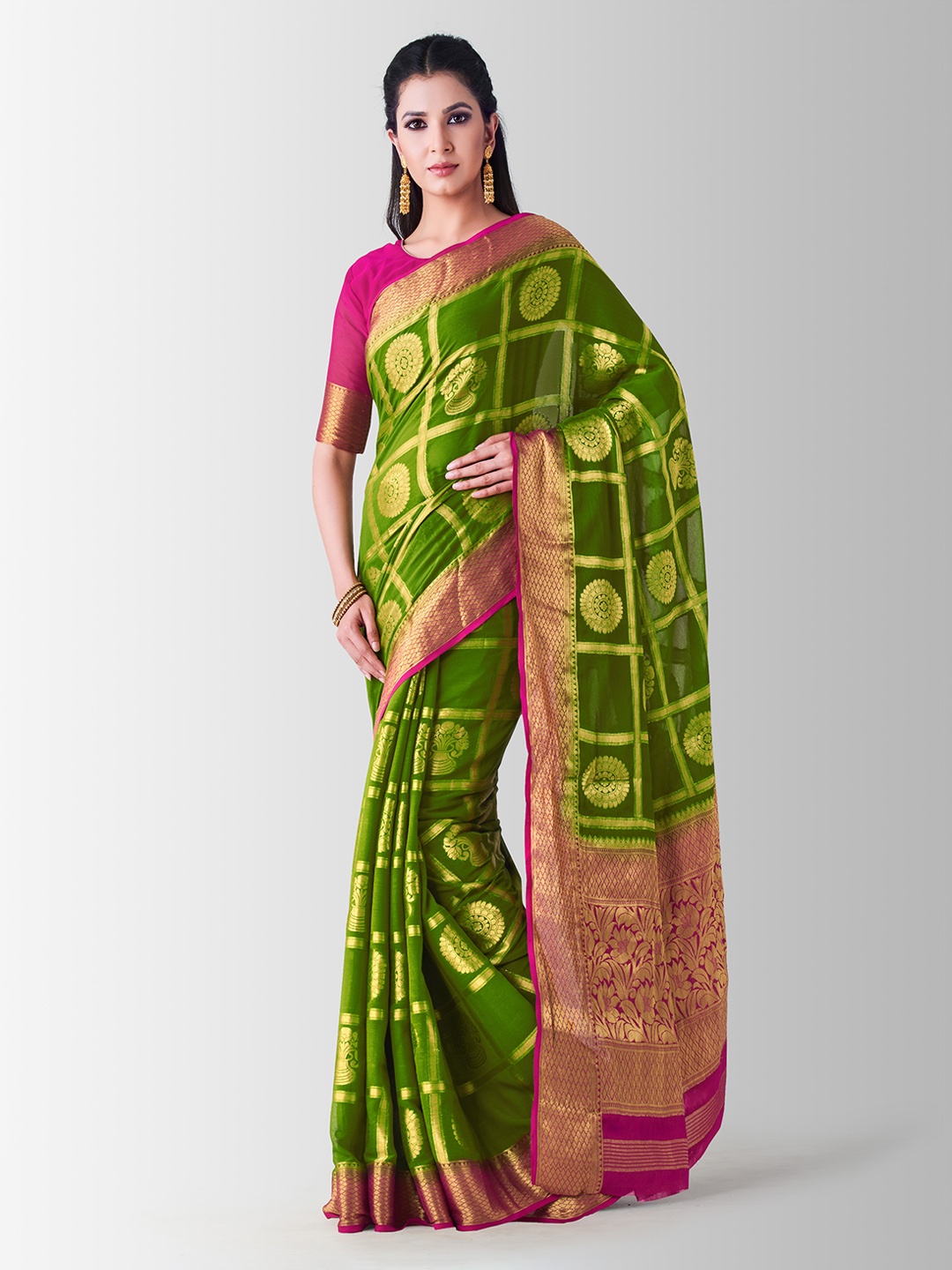 

MIMOSA Olive Green & Pink Poly Chiffon Woven Design Patola Saree