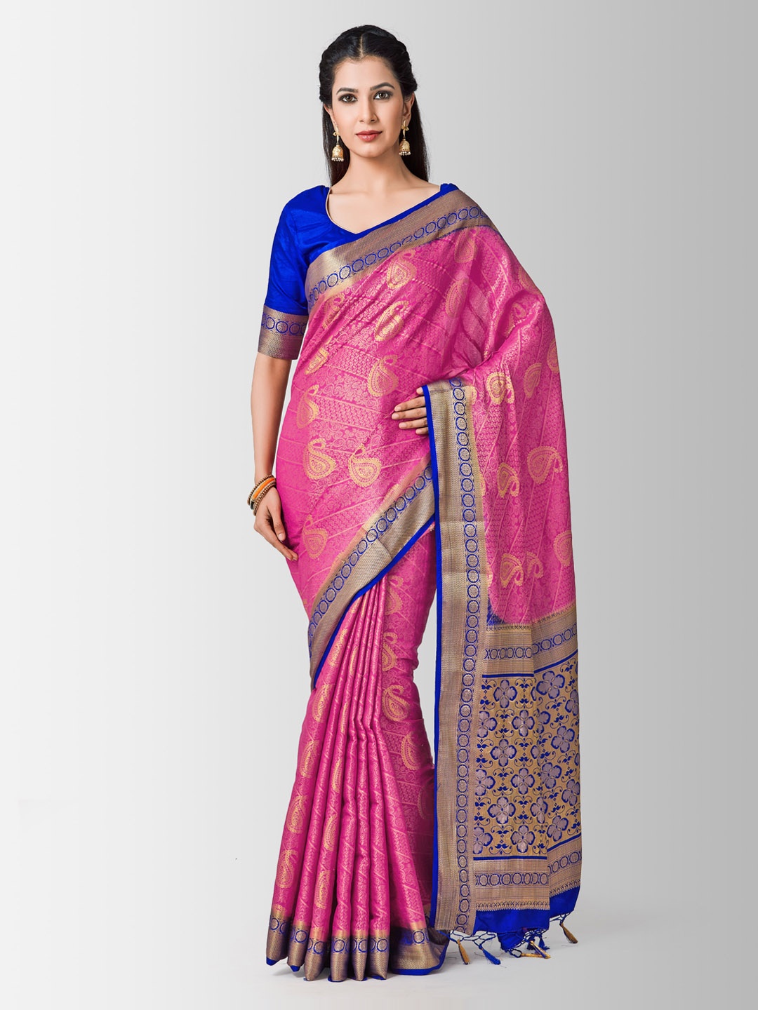 

MIMOSA Pink & Blue Art Silk Woven Design Kanjeevaram Saree