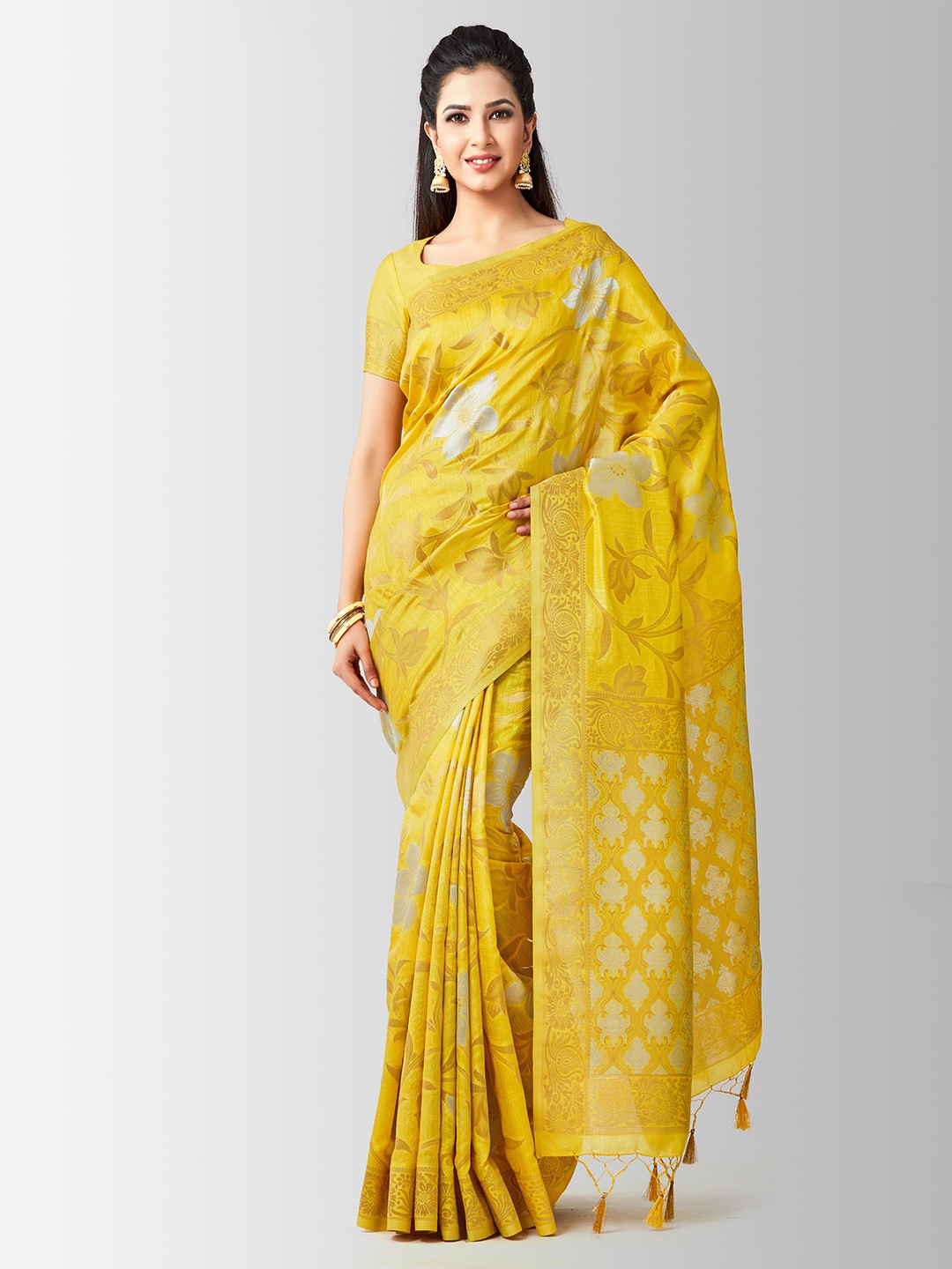 

MIMOSA Yellow & Gold-Toned Art Silk Woven Design Kanjeevaram Saree