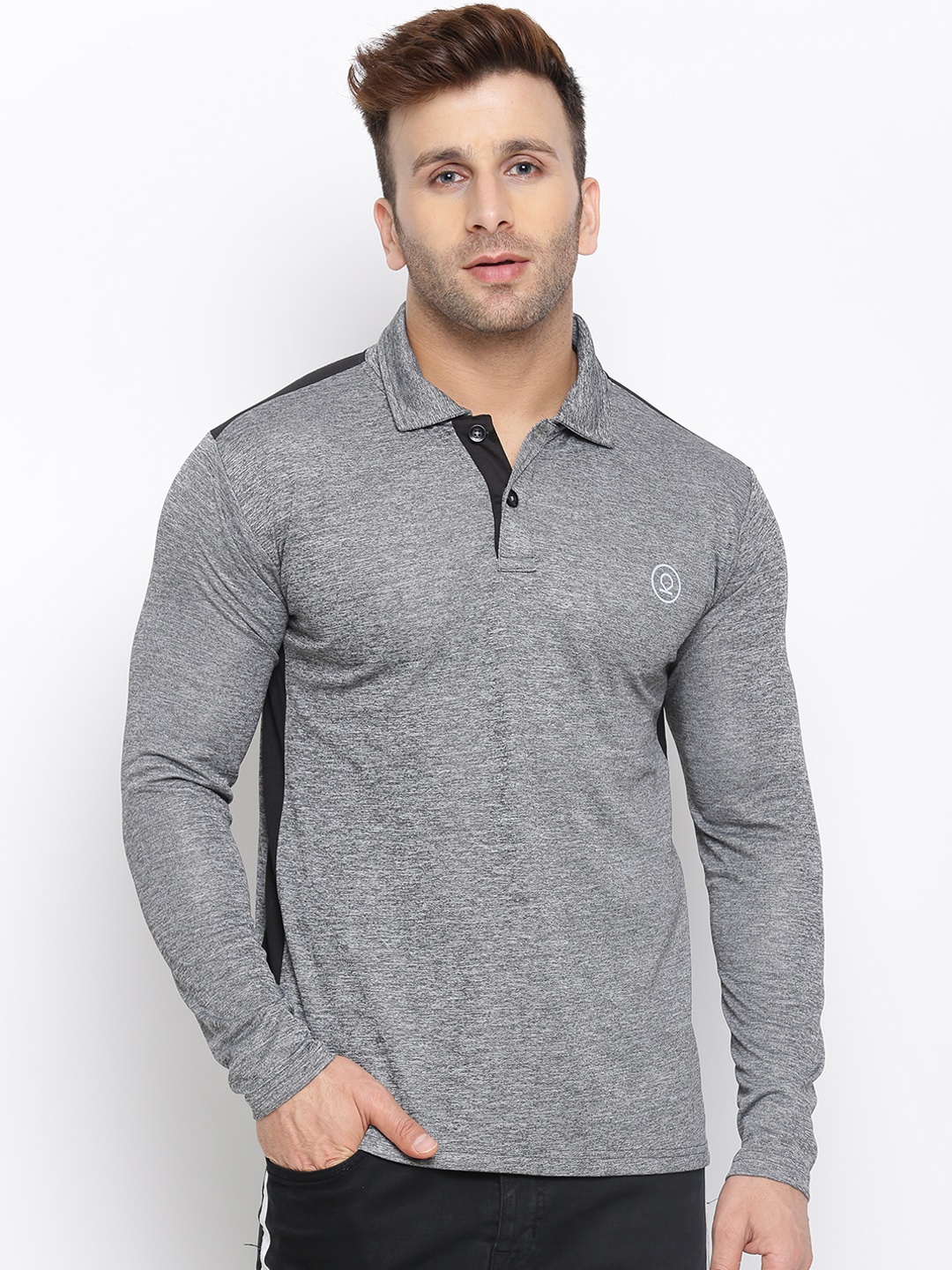 

Chkokko Men Grey Solid Polo Collar Dry Fit Streachable Training T-shirt