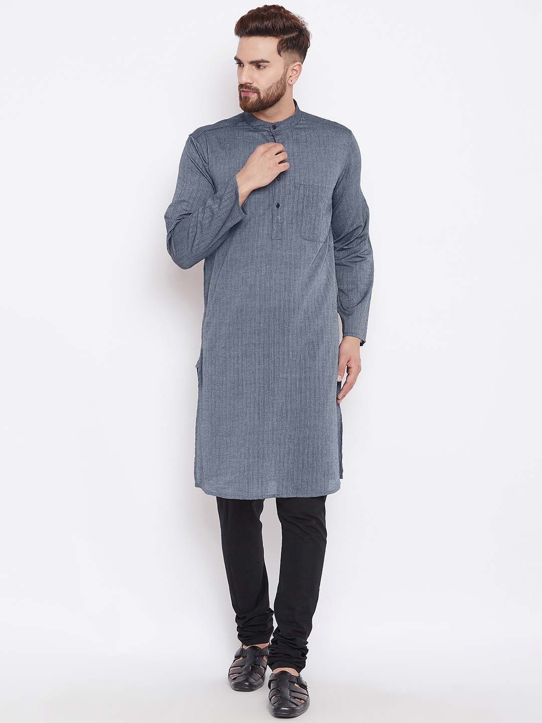 

even Men Grey & Black Solid Kurta with Pyjamas