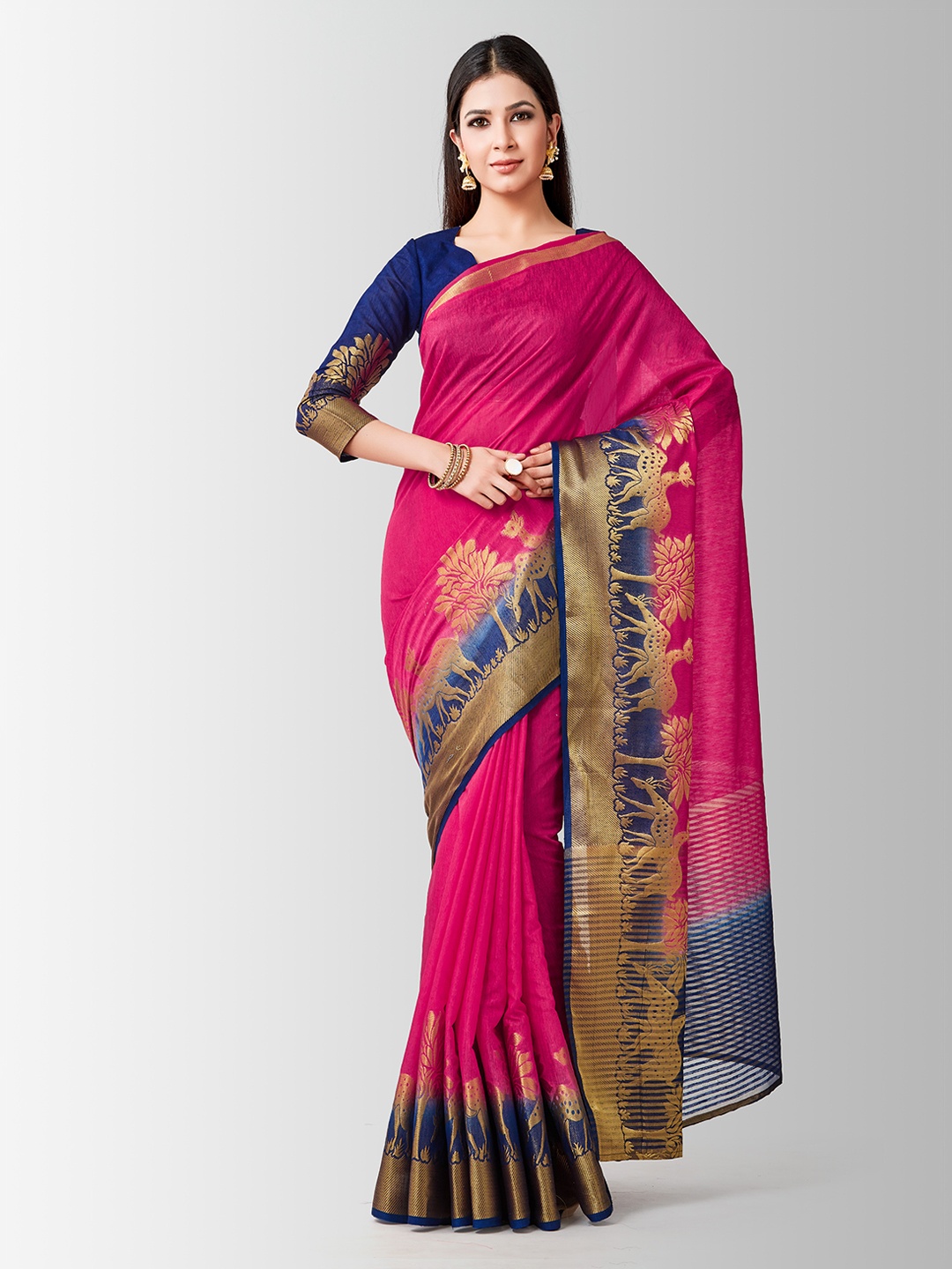 

MIMOSA Pink & Blue Linen Blend Woven Design Kanjeevaram Saree