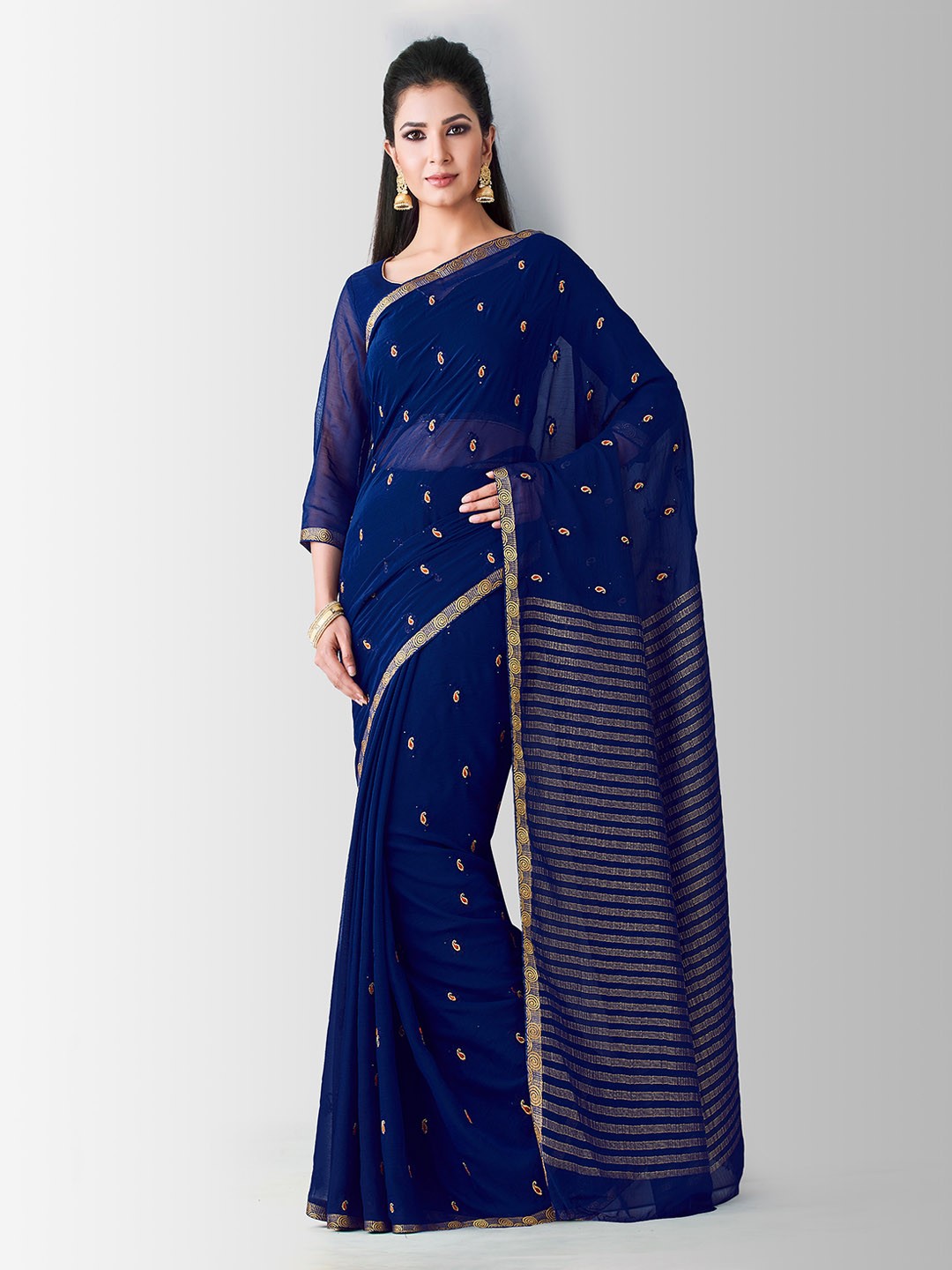 

MIMOSA Navy Blue Poly Chiffon Woven Design Banarasi Saree