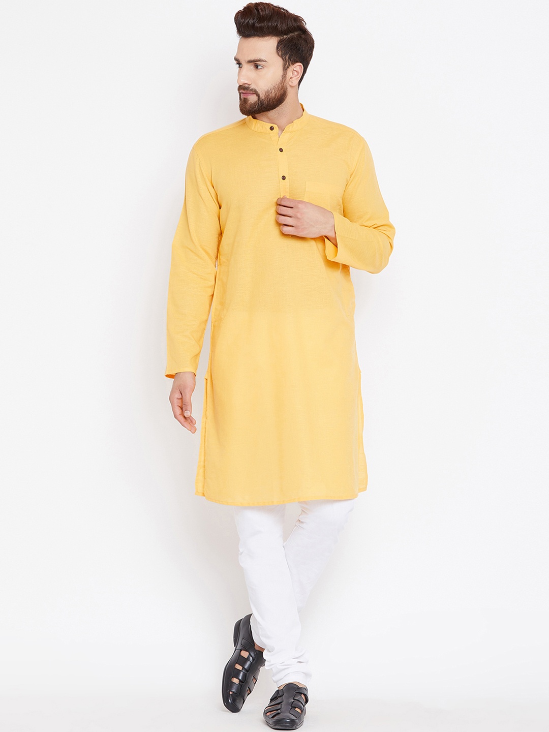 

even Men Yellow & White Solid Kurta with Pyjamas