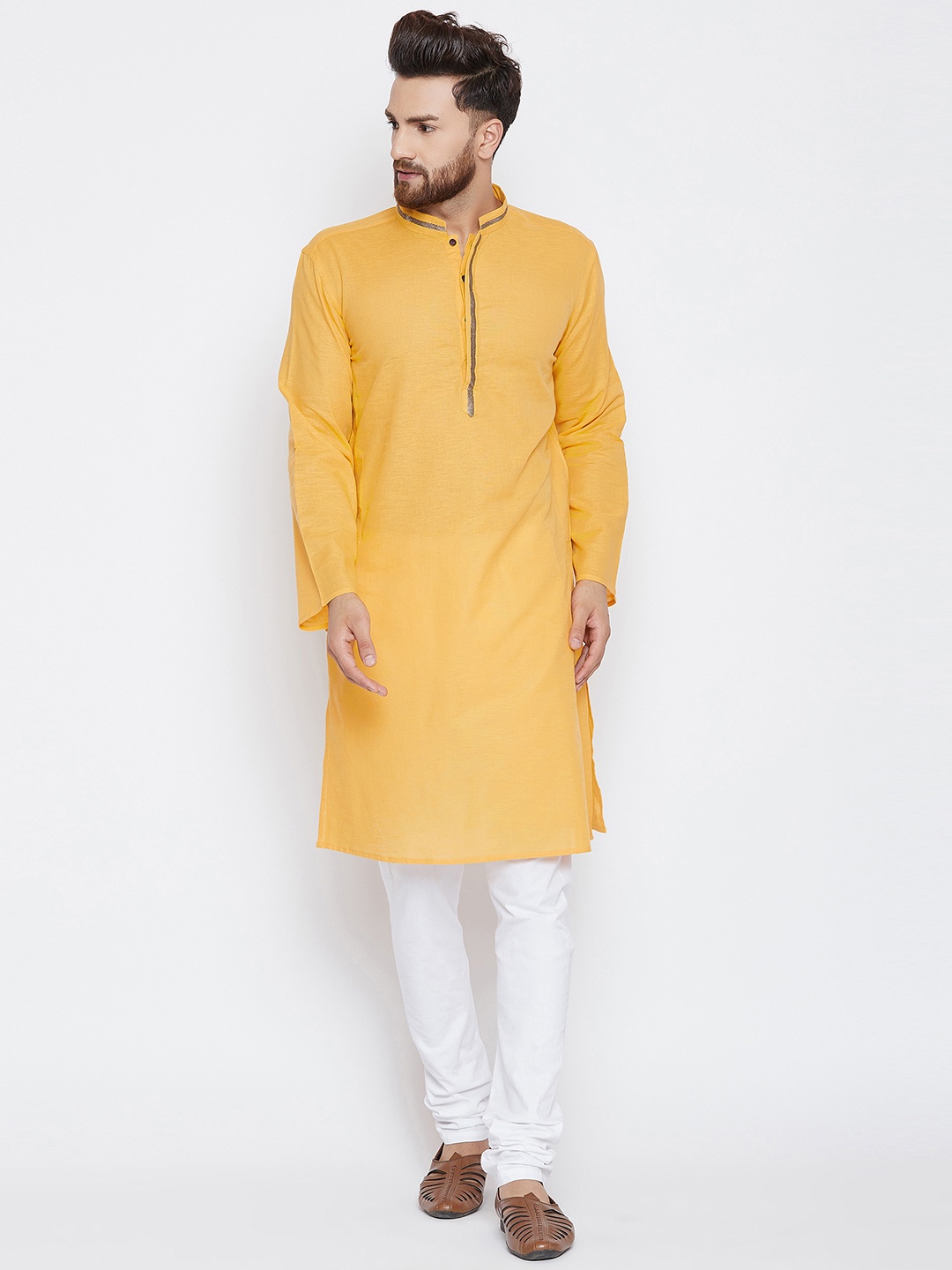 

even Men Yellow & White Solid Kurta with Pyjamas