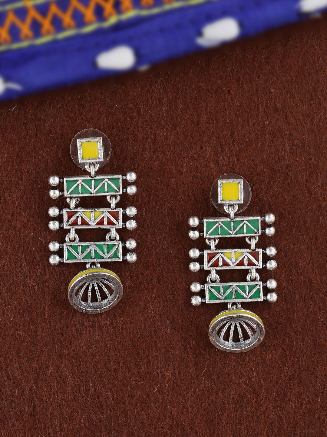 

Voylla Silver-Plated & Green Geometric Enamelled Drop Earrings