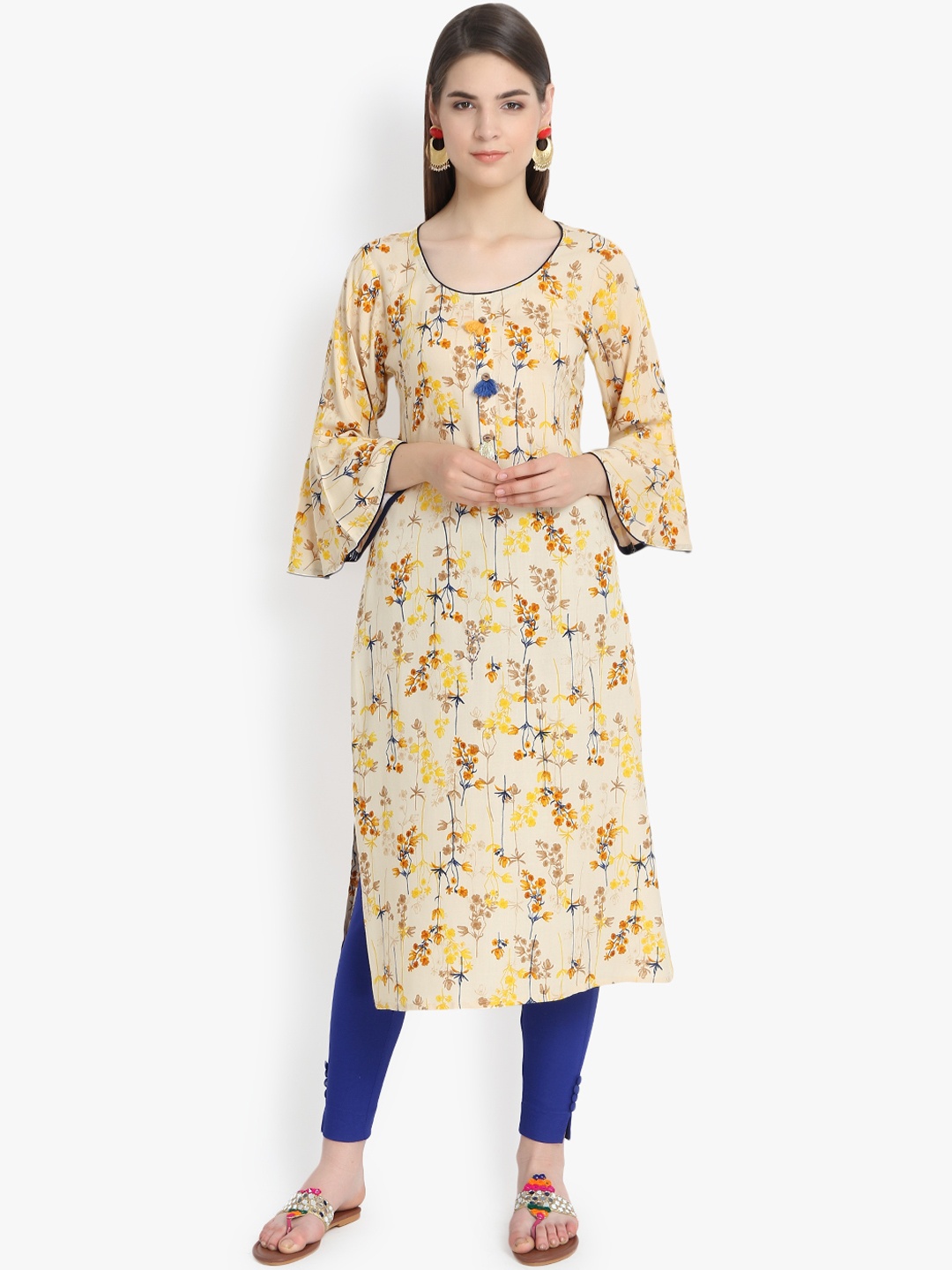Aujjessa Women Beige & Yellow Floral Printed Straight Kurta