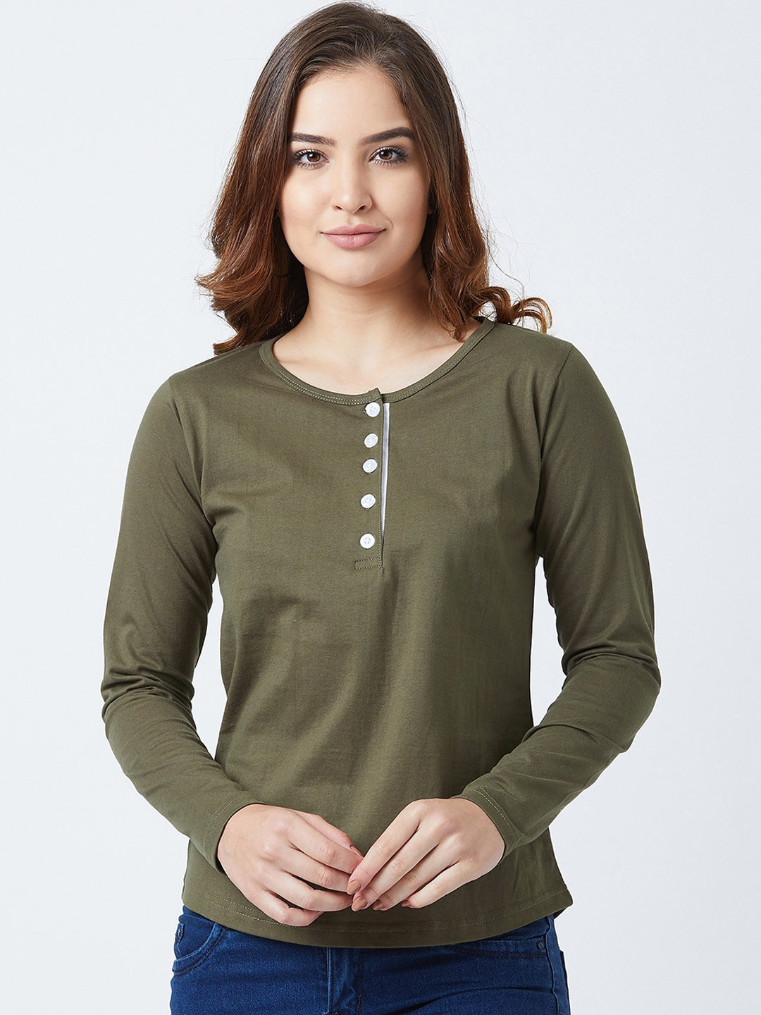 

The Dry State Women Green Solid Henley Neck T-shirt
