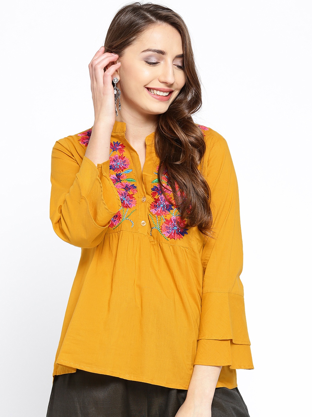 

Bhama Couture Women Mustard Yellow Embroidered A-Line Pure Cotton Top