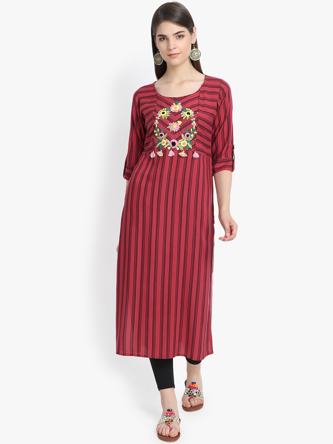

Aujjessa Women Red & Black Yoke Design Straight Kurta