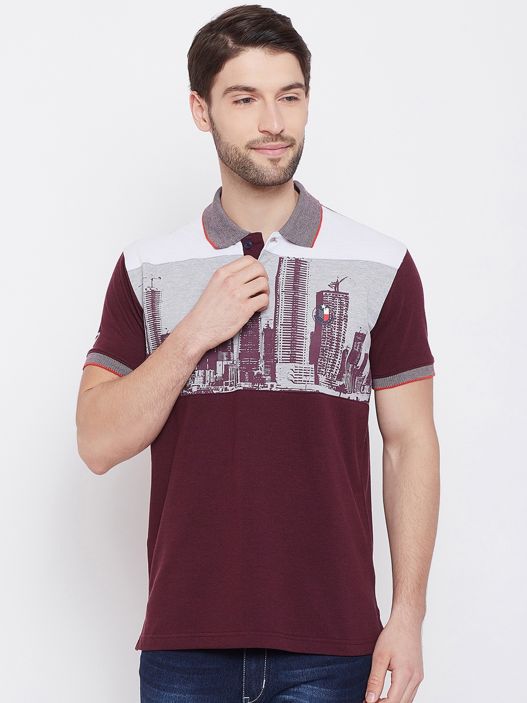 

Duke Men Maroon Printed Polo Collar T-shirt