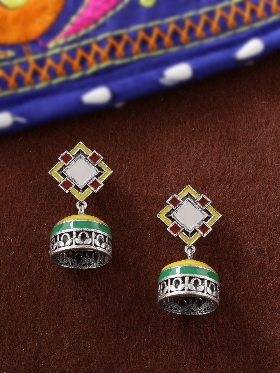 

Voylla Silver-Plated & Yellow Enamelled Dome Shaped Jhumkas
