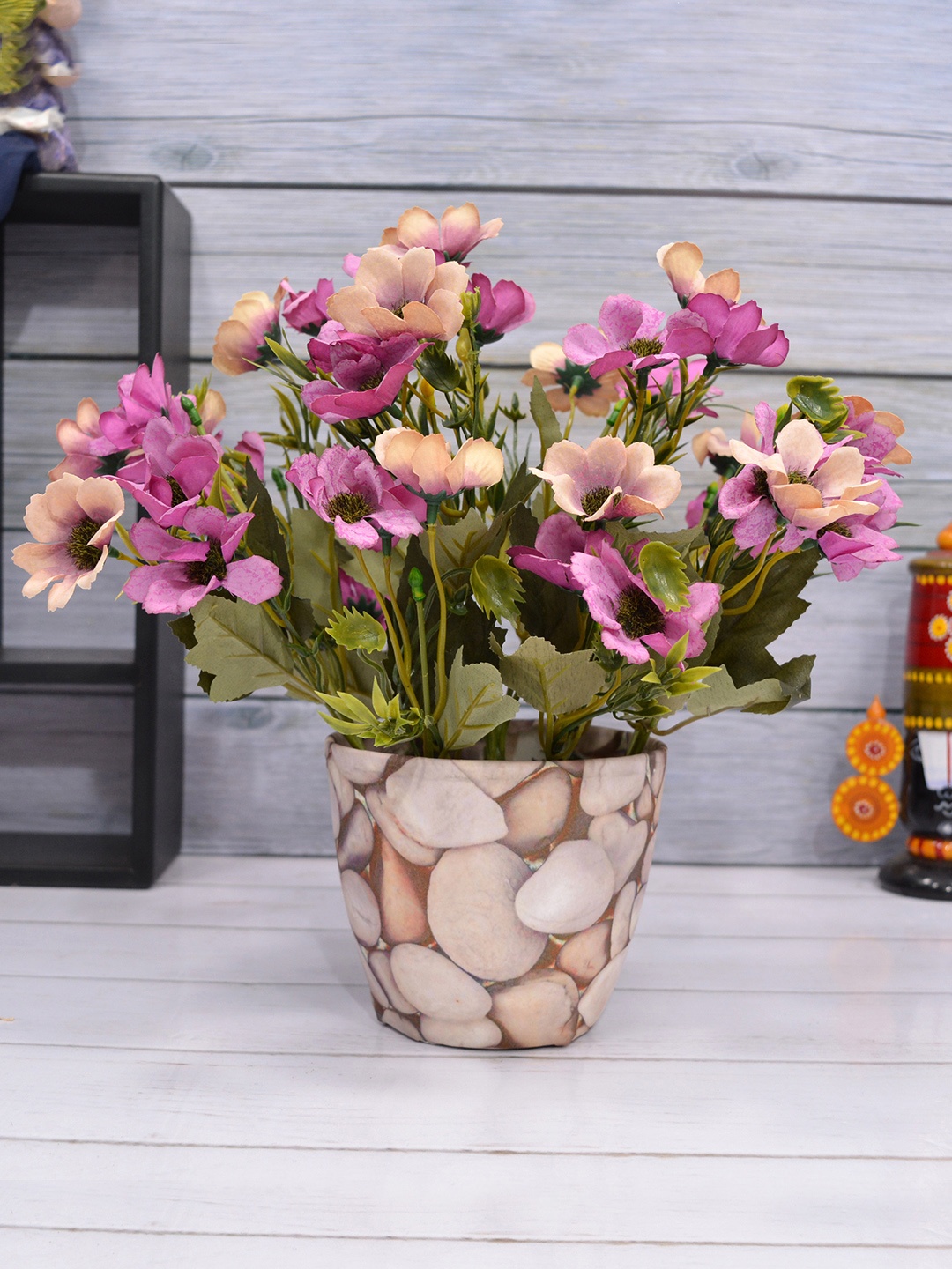 

Fancy mart Multicoloured Artificial Chrissanthemum Plant with Stone Texture Pot, Multi