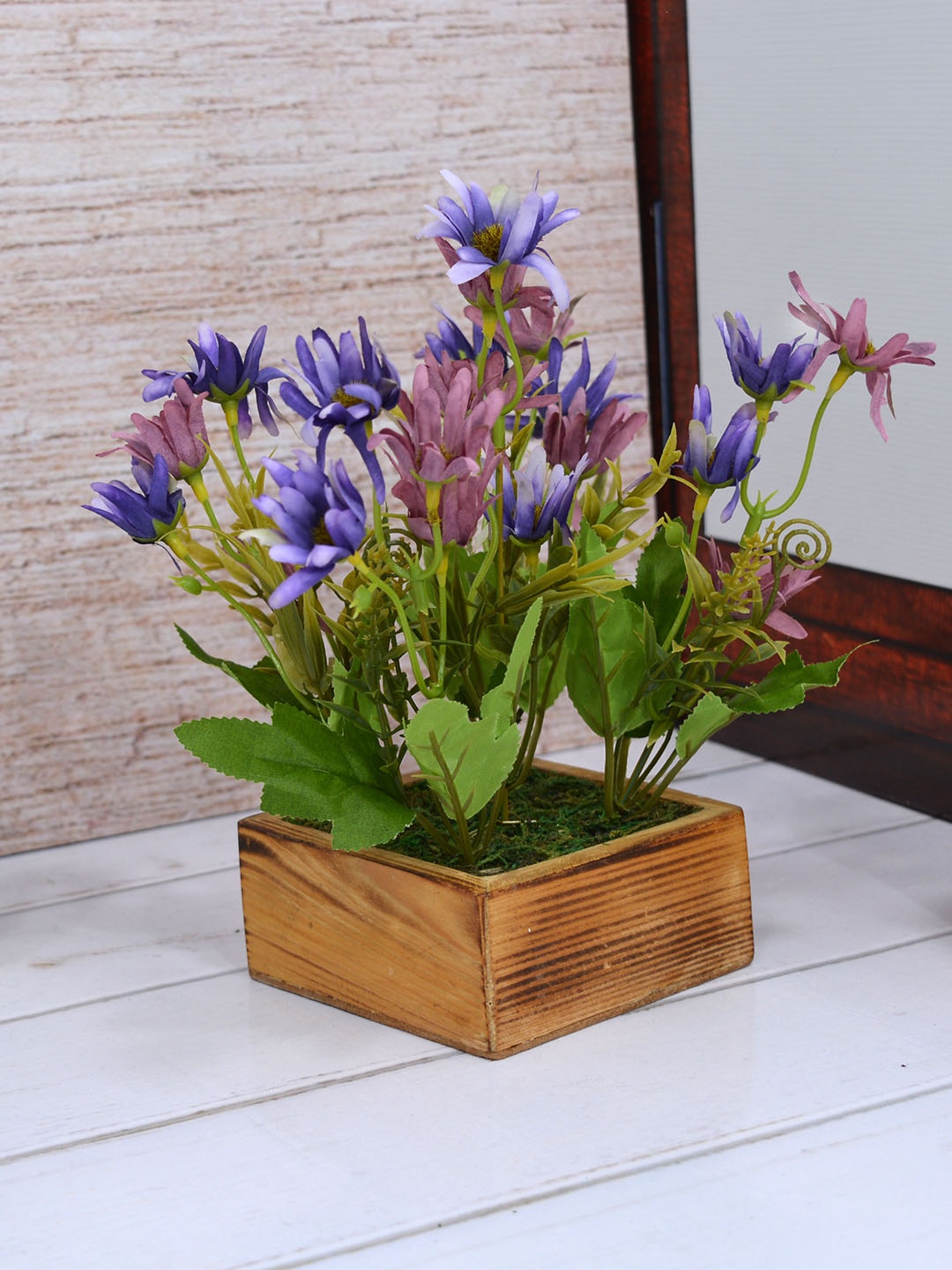 

Fancy mart Multicoloured Artificial Icelandic Chrissanthemum Plant with Wood Square Pot, Multi