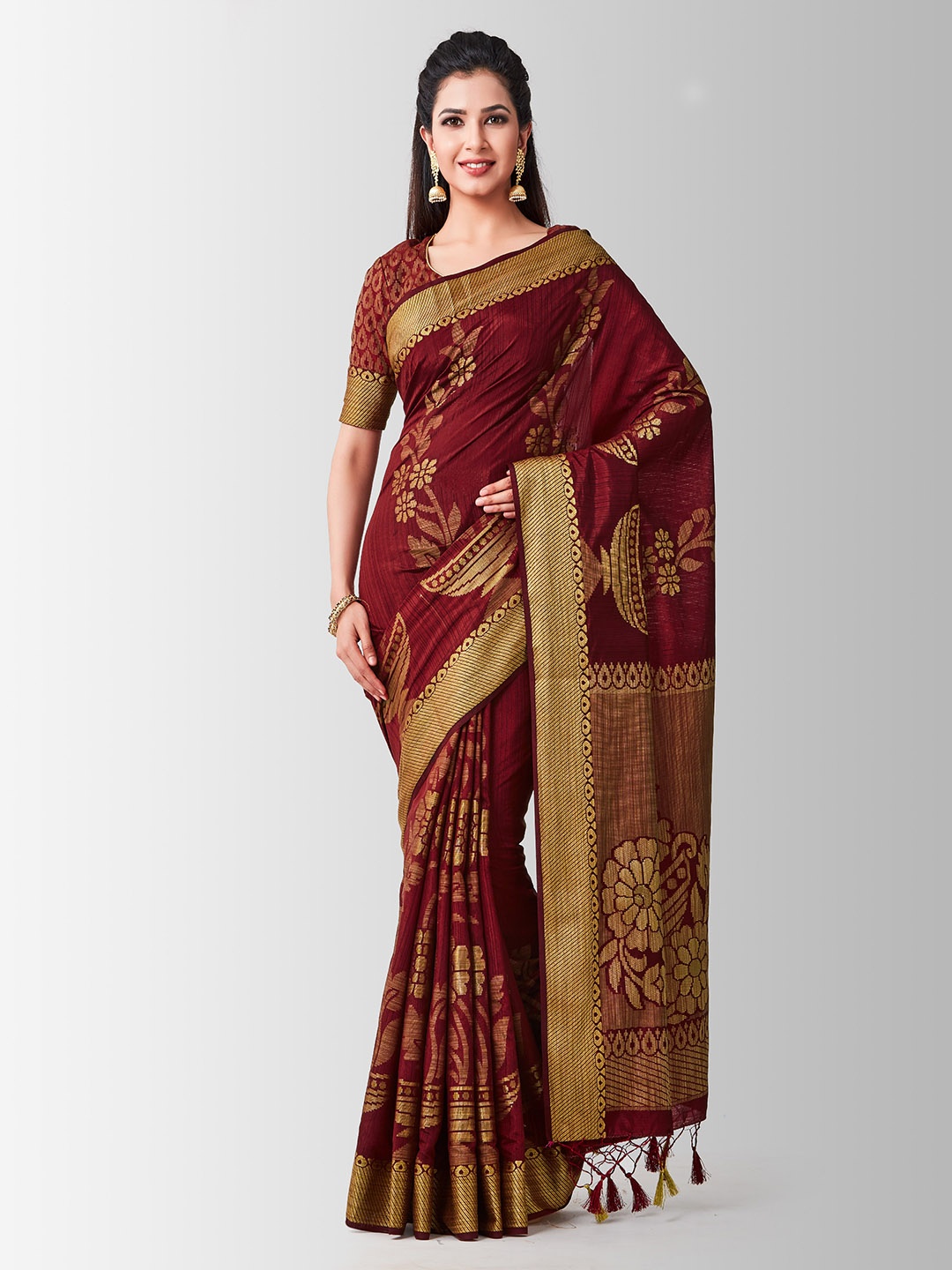 

MIMOSA Maroon & Gold-Toned Art Silk Woven Design Kanjeevaram Saree