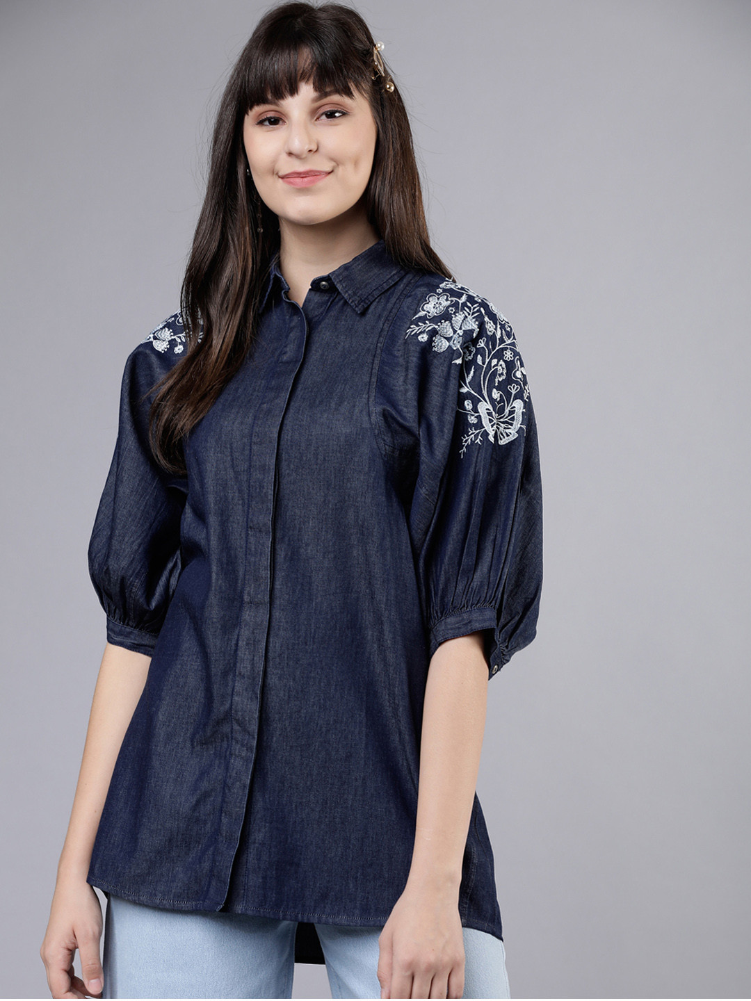 

Tokyo Talkies Women Navy Blue Embroidered Denim Shirt Style Top