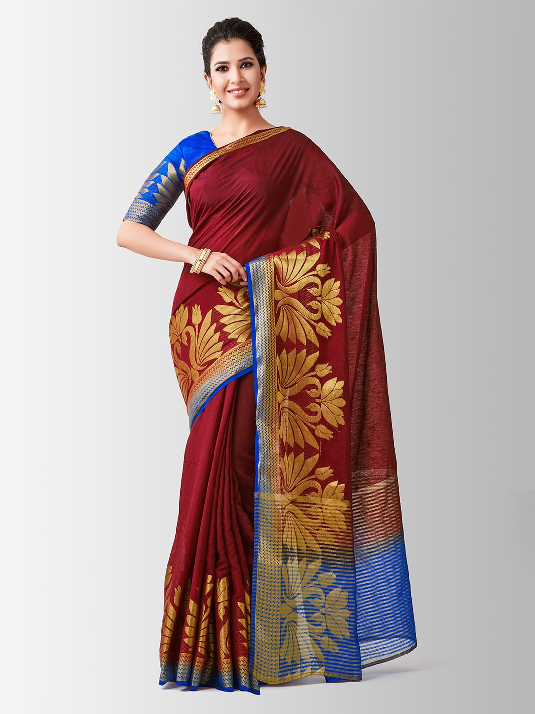 

MIMOSA Maroon & Blue Linen Blend Woven Design Kanjeevaram Saree