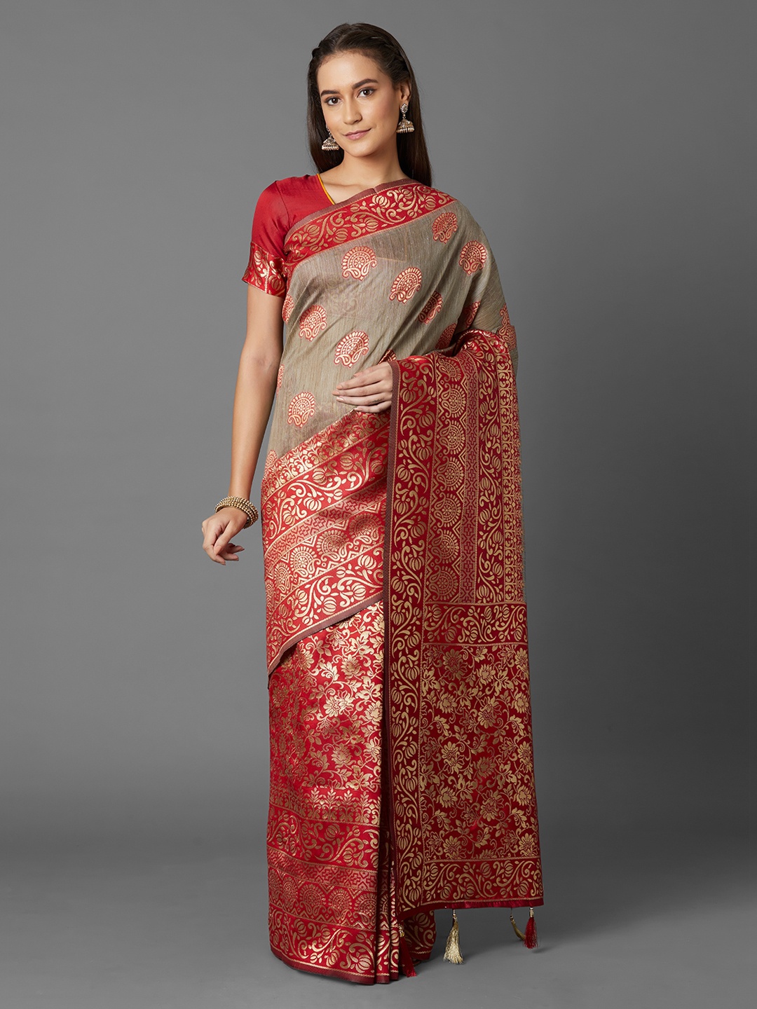Mitera Grey & Red Silk Blend Woven Design Half & Half Kanjeevaram Saree
