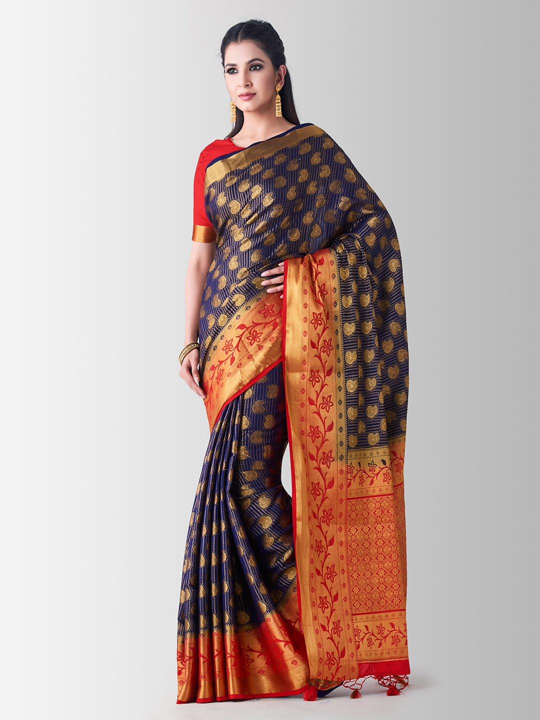 

MIMOSA Navy Blue & Red Art Silk Woven Design Kanjeevaram Saree