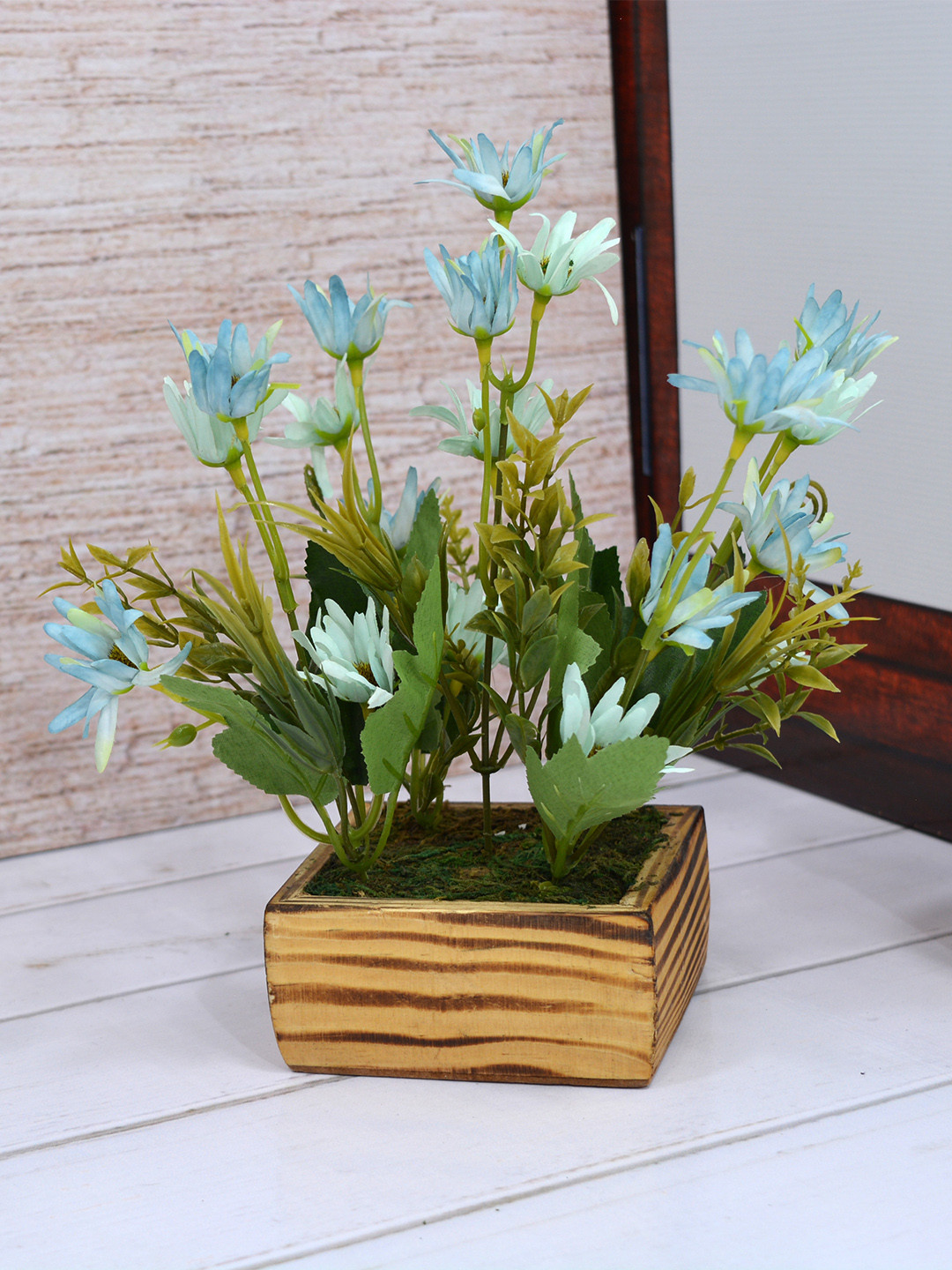 

Fancy mart Blue & Green Artificial Icelandic Chrissanthemum Plant with Wood Square Pot