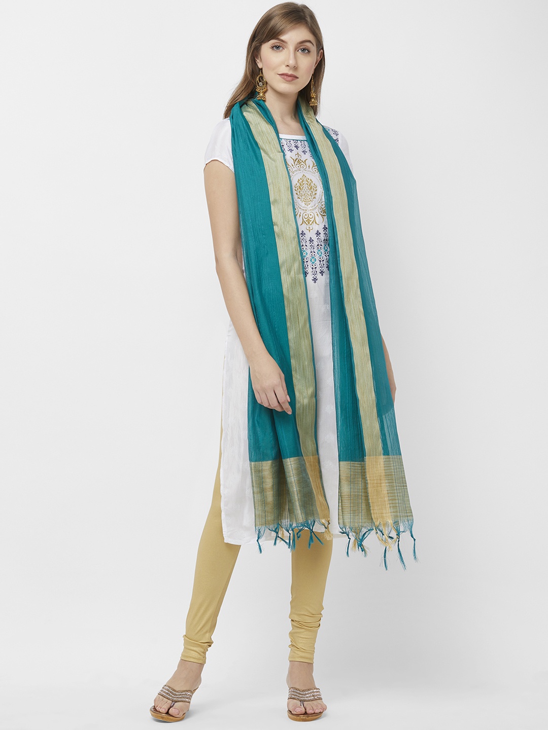 Dupatta Bazaar Women Sea Green & Gold-Toned Solid Dupatta