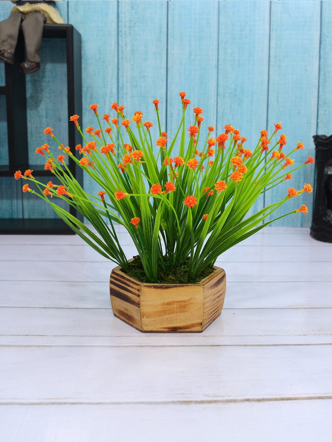 

Fancy mart Orange & Green Artificial Button Flower Plant with Wood Hexa Pot