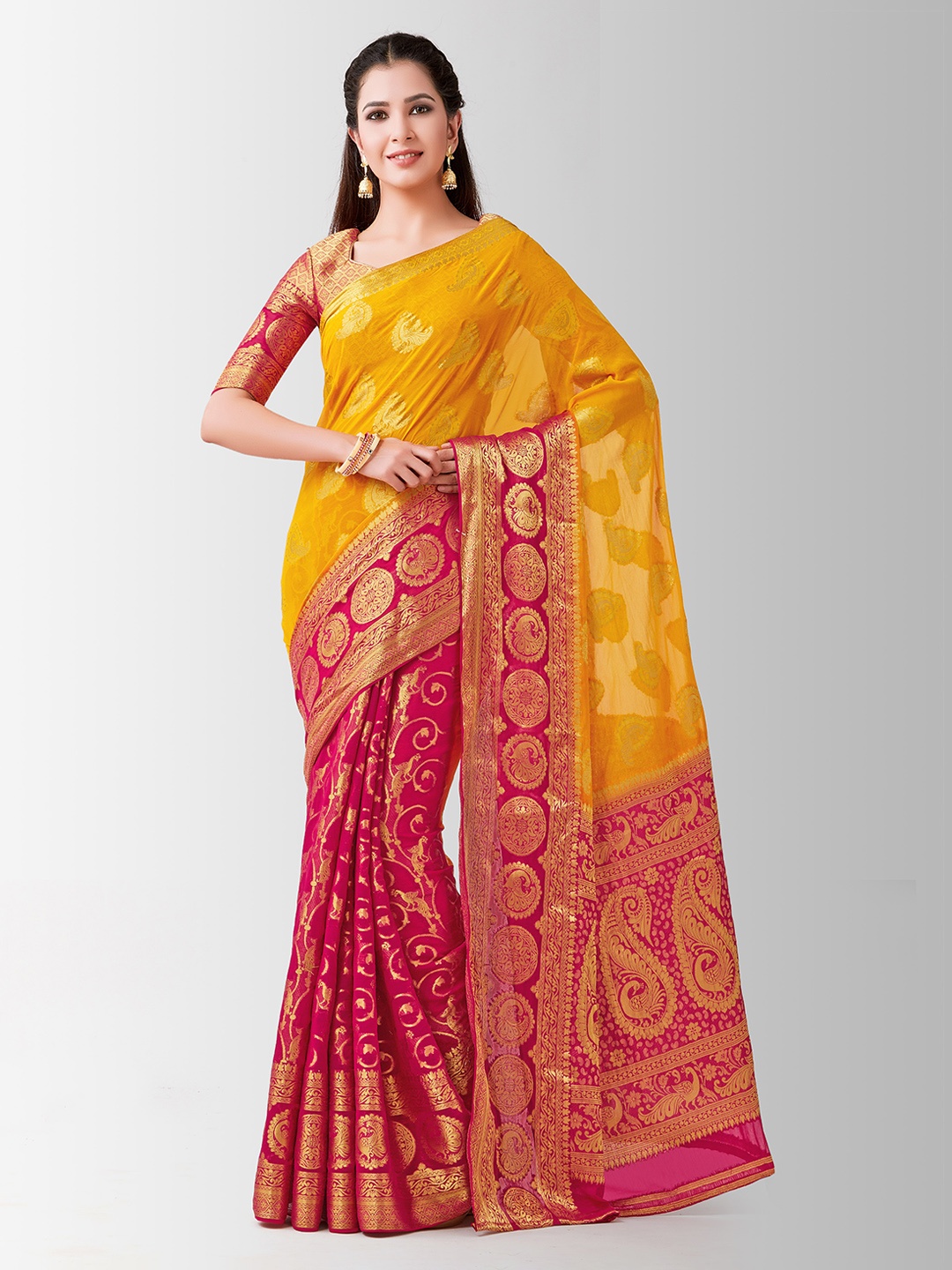 

MIMOSA Yellow & Pink Poly Chiffon Woven Design Kanjeevaram Saree