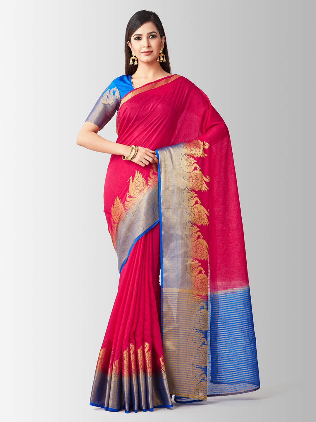 

MIMOSA Pink & Blue Linen Blend Woven Design Kanjeevaram Saree