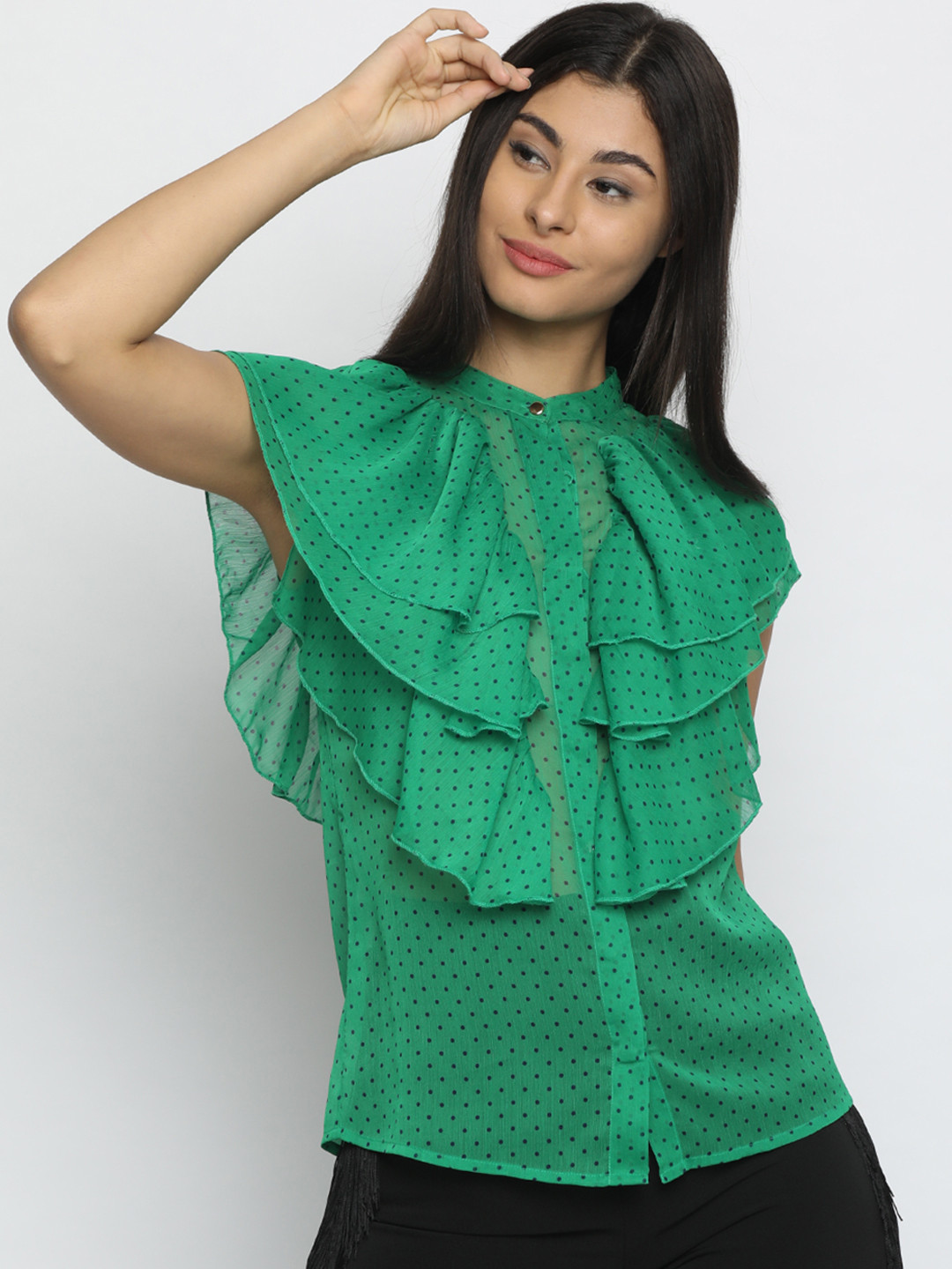 

ISU Women Green Printed Shirt Style Top