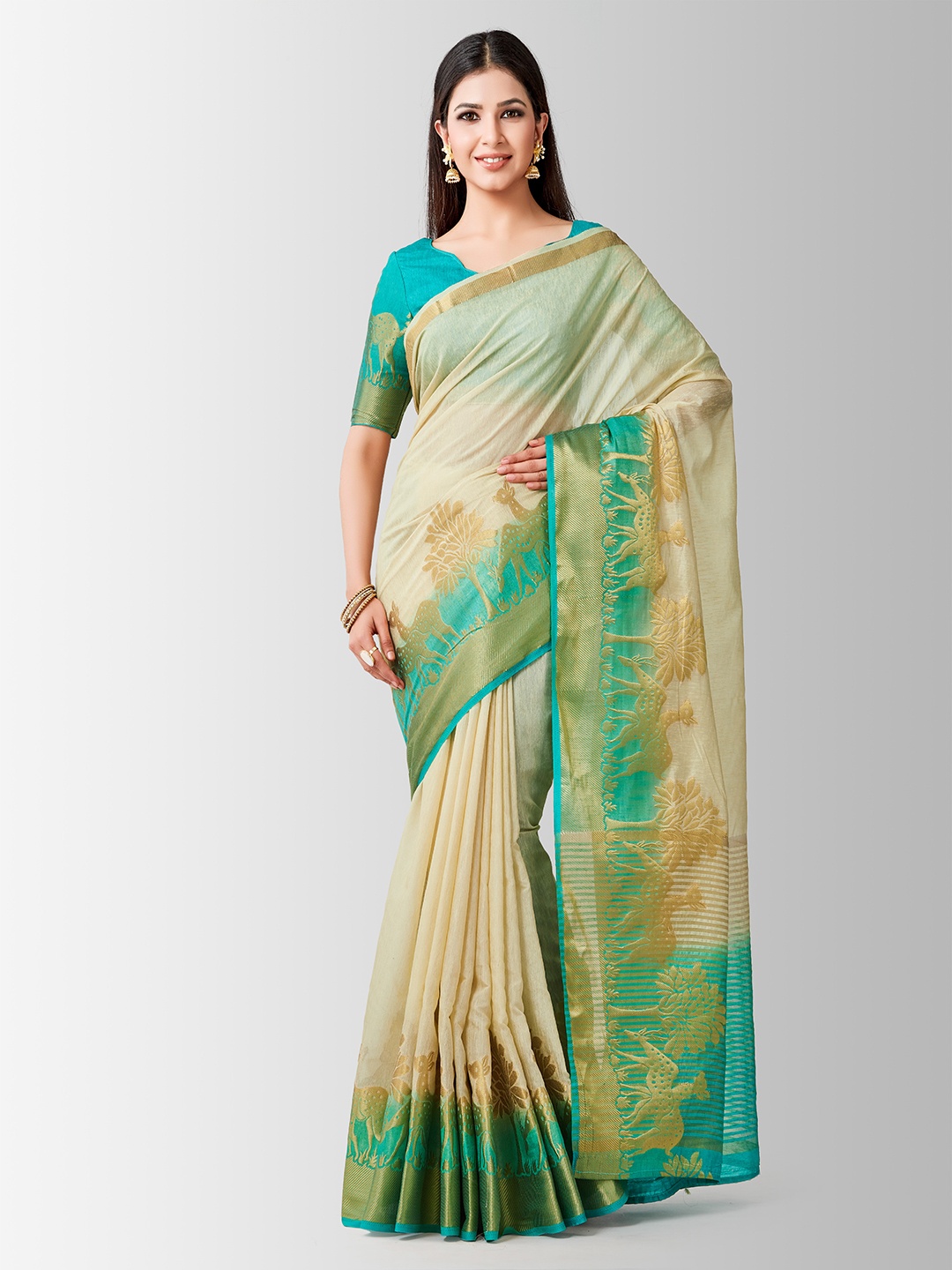 

MIMOSA Beige & Turquoise Blue Linen Blend Woven Design Kanjeevaram Saree