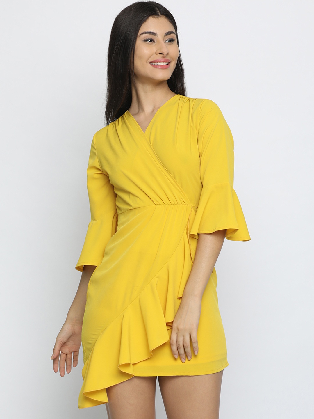 

ISU Women Yellow Solid Wrap Dress