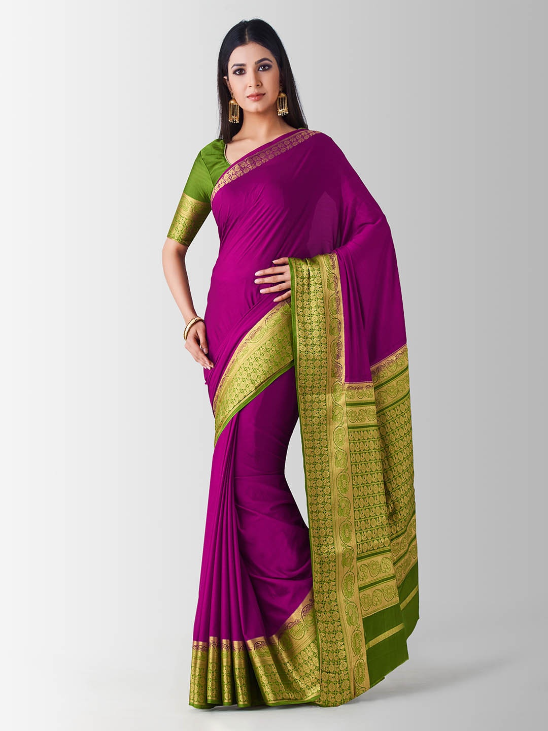 

MIMOSA Purple & Green Poly Crepe Solid Kanjeevaram Saree