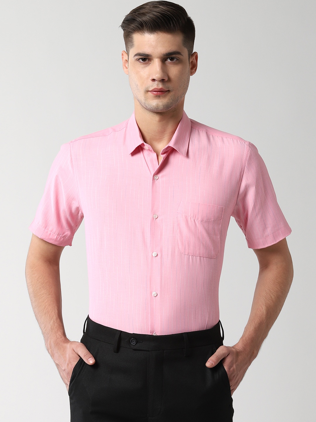 

Peter England Men Pink Regular Fit Striped Formal Shirt