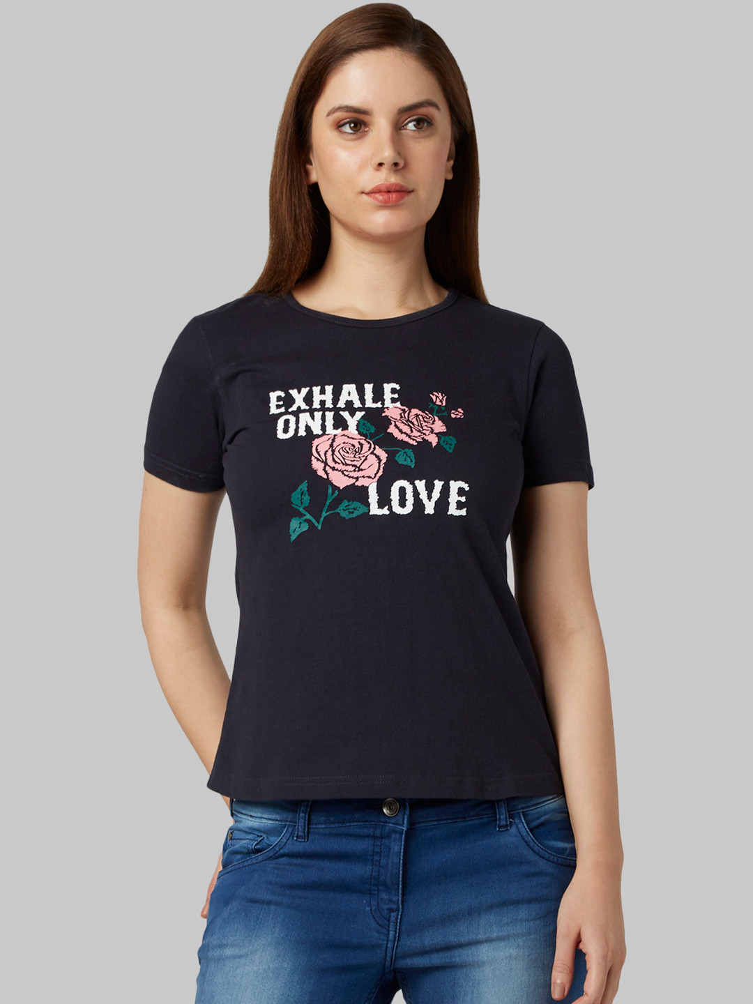 

Park Avenue Woman Charcoal Grey Printed Round Neck T-shirt