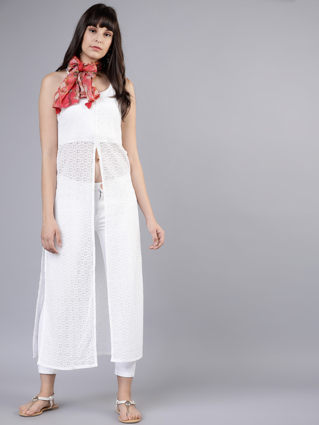 

Vishudh Women Off-White Lace Straight Kurta with Scarf