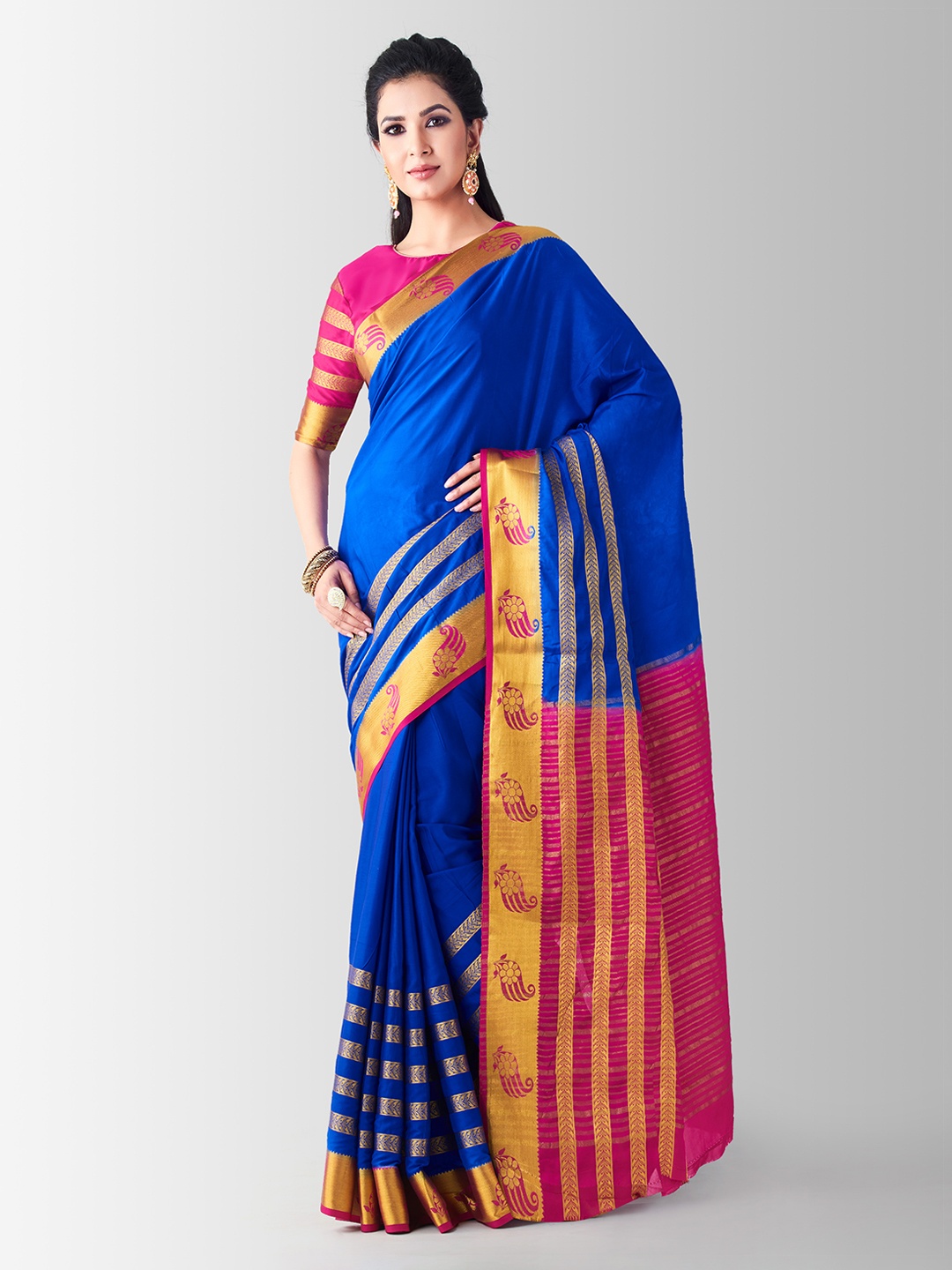 

MIMOSA Blue Poly Crepe Woven Design Kanjeevaram Saree