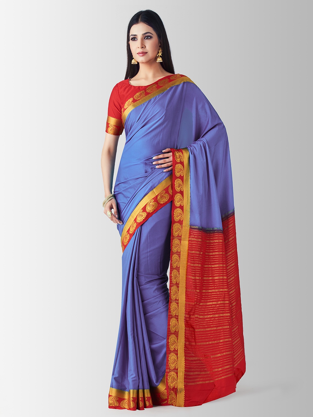 

MIMOSA Blue & Red Poly Crepe Woven Design Kanjeevaram Saree