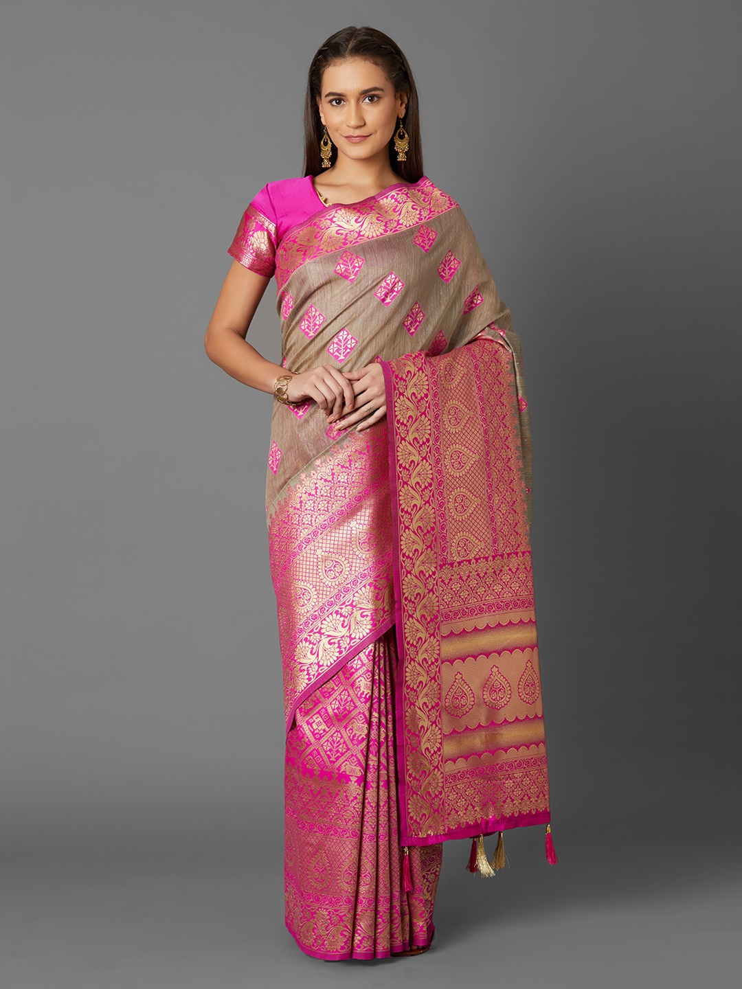 Mitera Grey & Pink Silk Blend Woven Design Half & Half Kanjeevaram Saree
