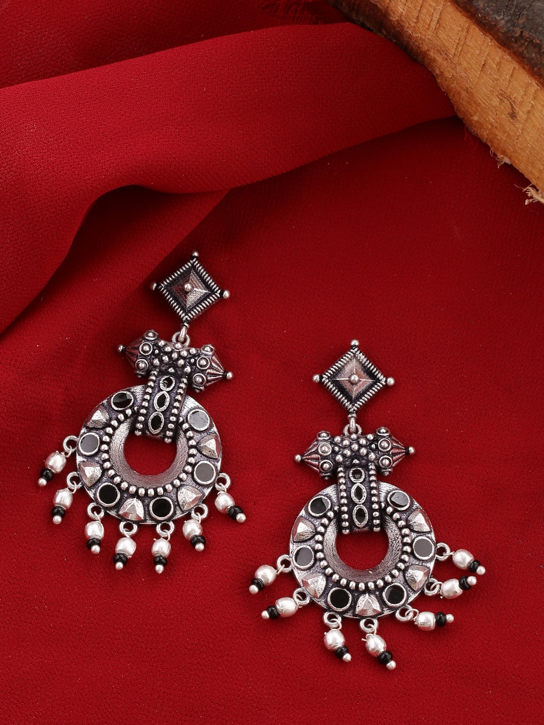 

Voylla Silver-Plated Contemporary Oxidised Drop Earrings