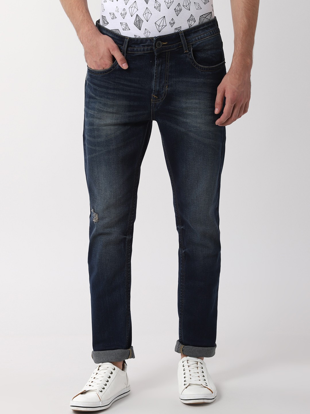 

Peter England Casuals Men Navy Blue Slim Fit Mid-Rise Low Distress Stretchable Jeans