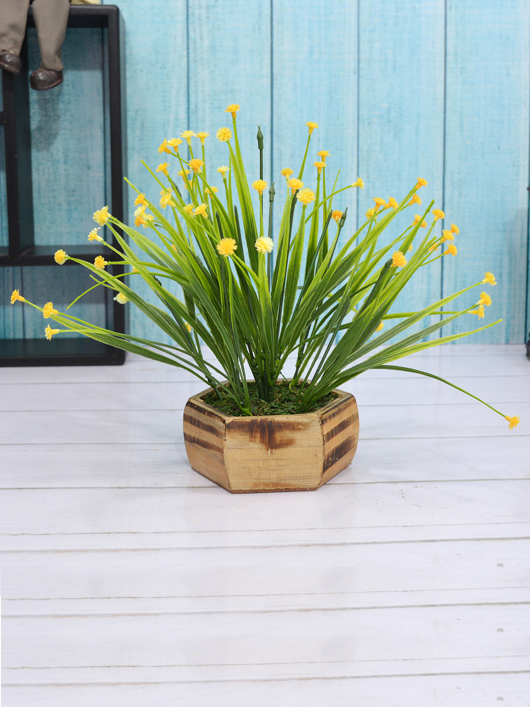 

Fancy mart Yellow & Green Artificial Button Flower Plant with Wood Hexa Pot