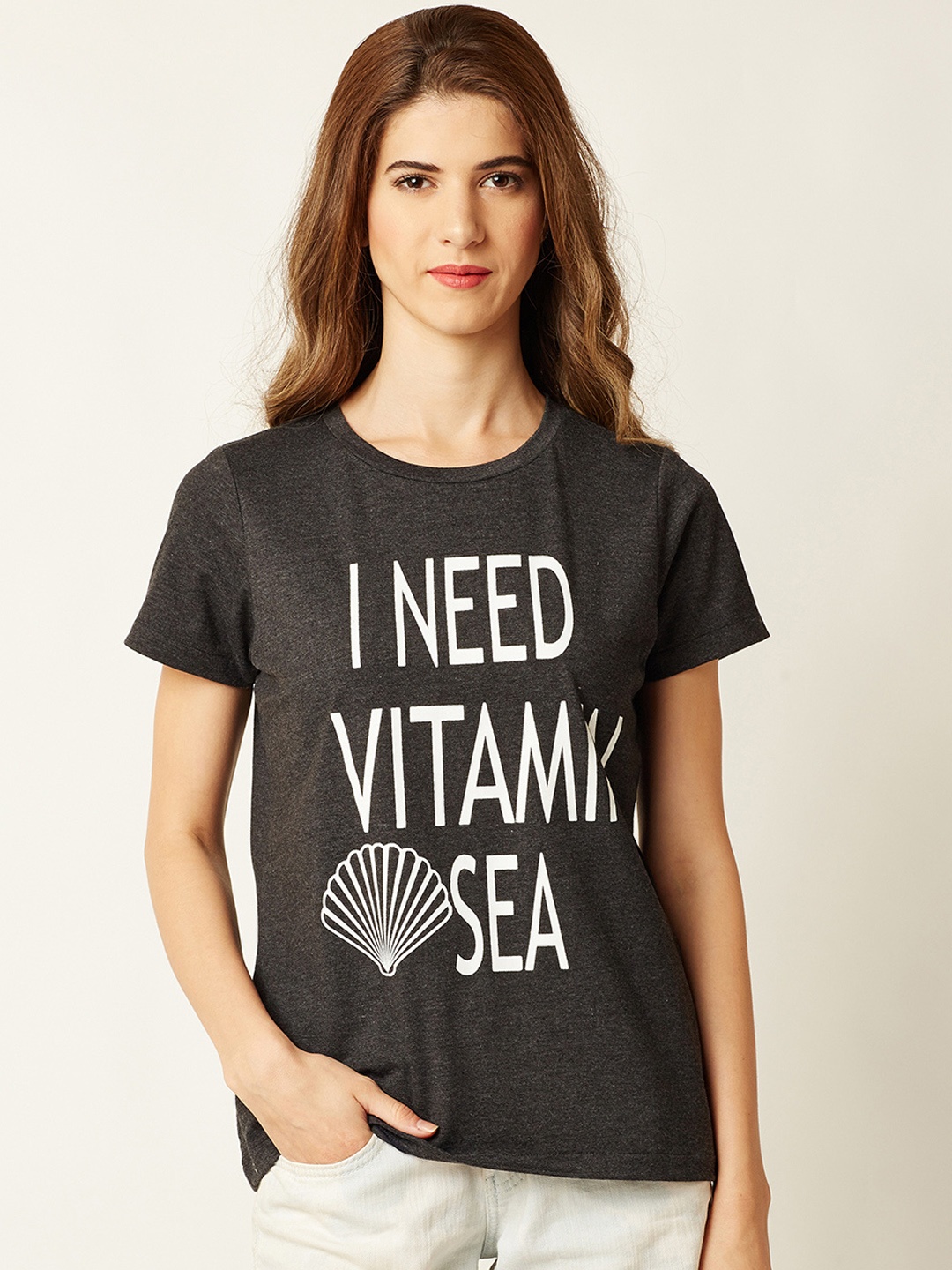 

Miss Chase Women Charcoal Grey White Printed Round Neck Pure Cotton T-shirt