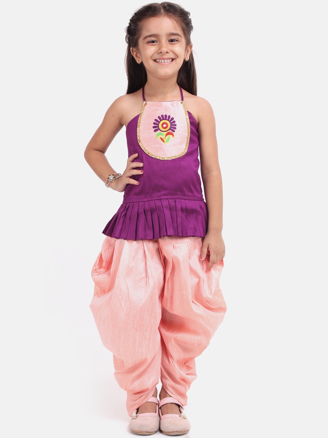 

BownBee Girls Purple Self Design Top with Dhoti Pants