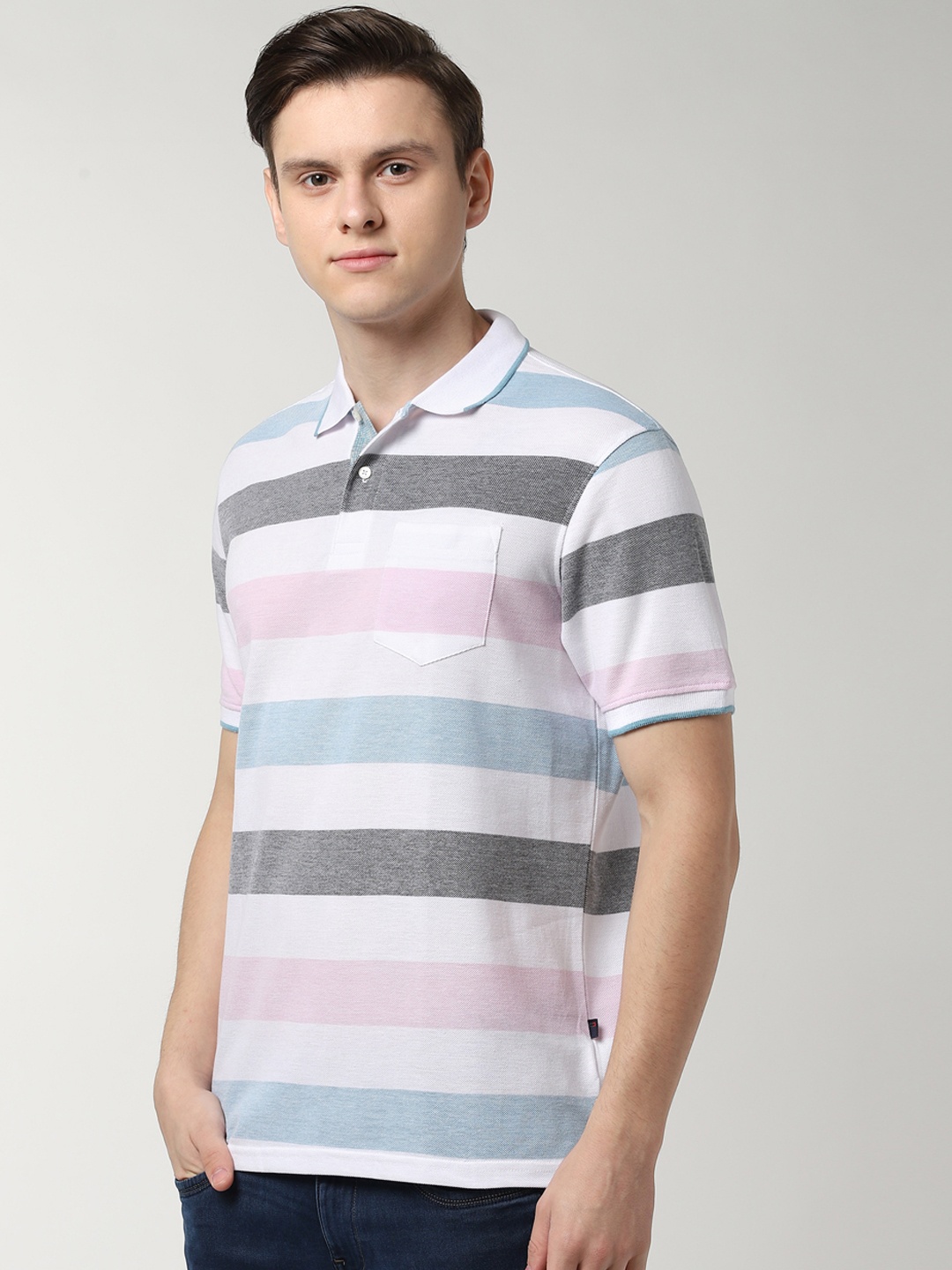Peter England Casuals Men White Striped Polo Collar Slim Fit T-shirt